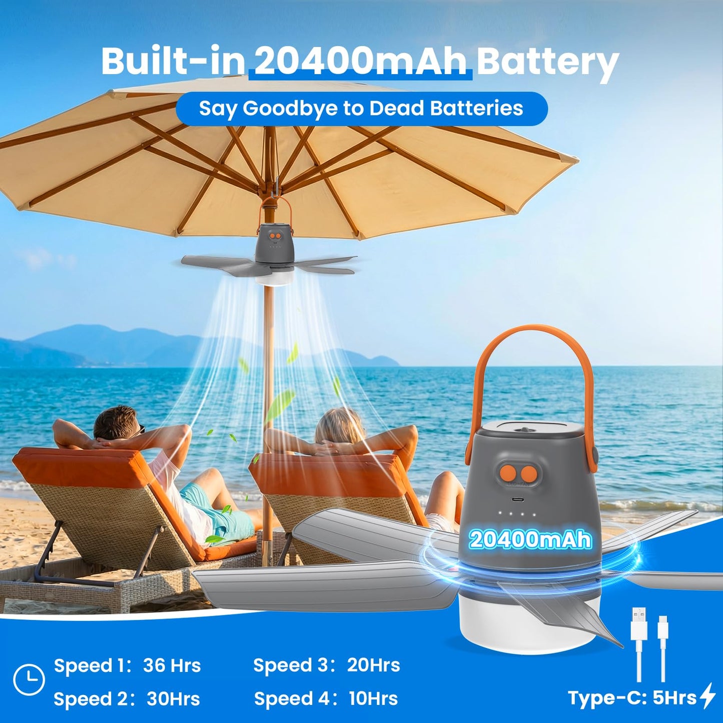 20" Portable Ceiling Fan with Light & Remote,20400mAh Battery Operated Outdoor Ceiling Gazebo Fan for Patios/Canopy/Cruise,Rechargeable Battery Powered Fan,Hangable Camping Light Fan,Camping Essential