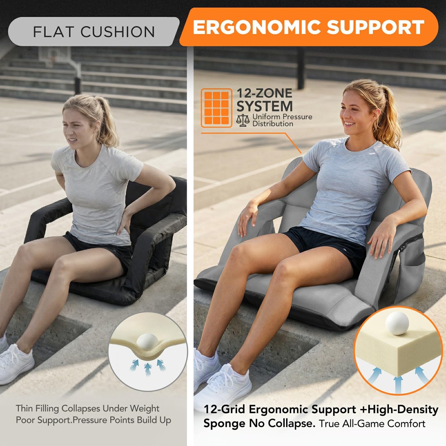 Stadium Seats with Back Support 2 Pack, 12-Grid Ergonomic 4.7" Thick Bleacher Chairs for All-Day Comfort, 6 Reclining Positions, Portable Extra Wide Adjustable Stadium Chair for Football & Baseball