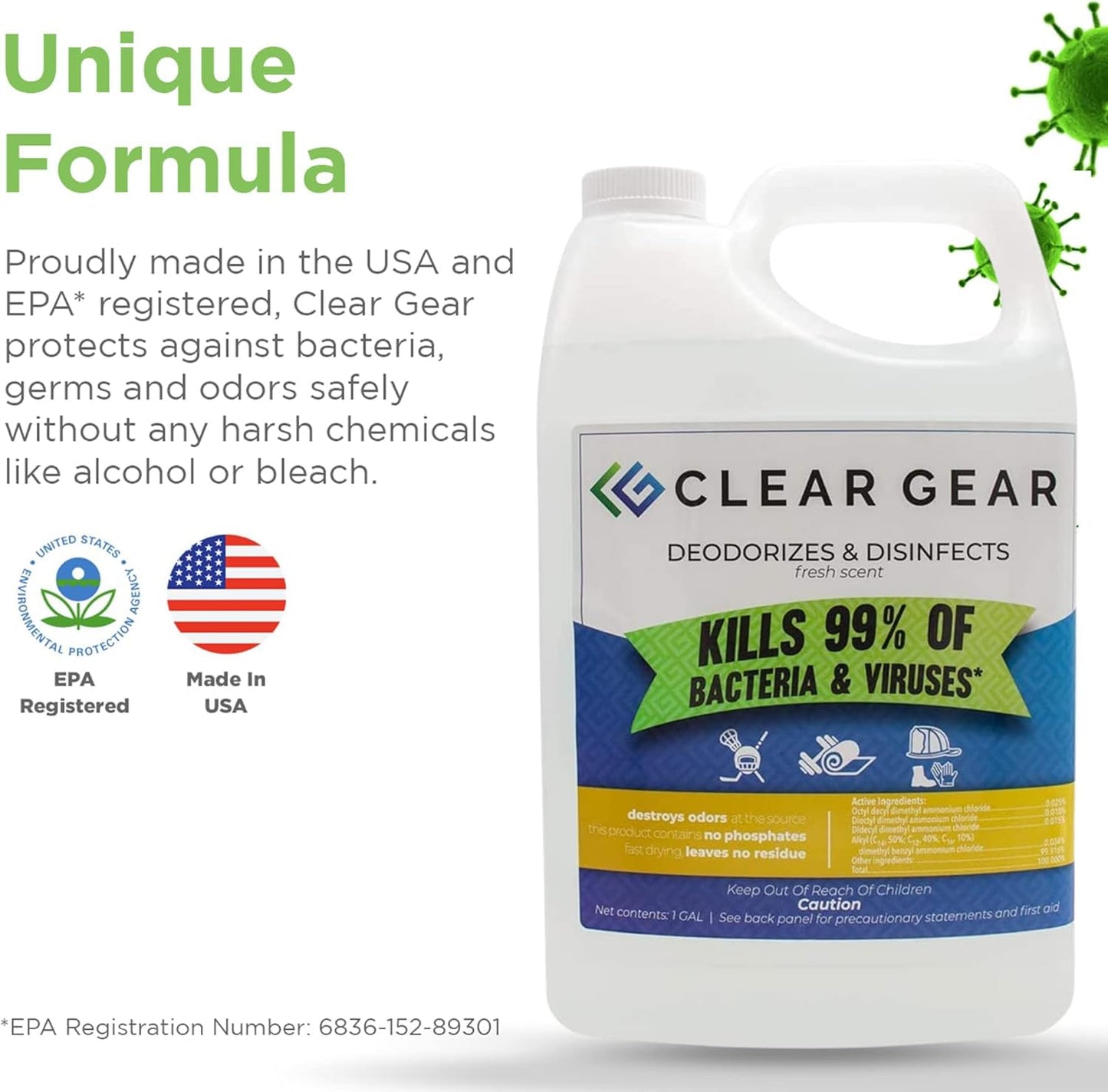 Clear Gear Disinfectant Cleaner, and Deodorizer For Sports Equipment, Gyms, and Fitness Centers - EPA-Registered, Hospital Grade, Made in USA - 1-Pack of 32 Oz Bottle Disinfecting Spray
