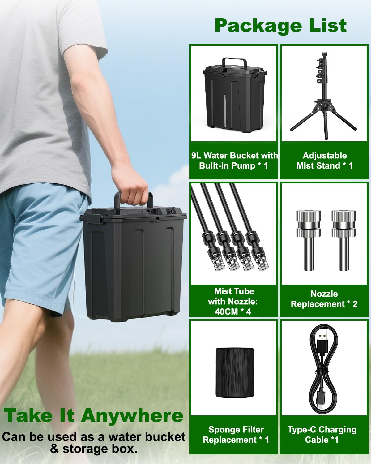Ausic Portable Misting System with Stand, Water Cooling Misters Set for Outside Patio - 9L Bucket Built-in 10000mAh Battery & PCS Pump & Timer for Outdoor, Canopy, Sport, Golf, Beach, Greenhouse, Camp