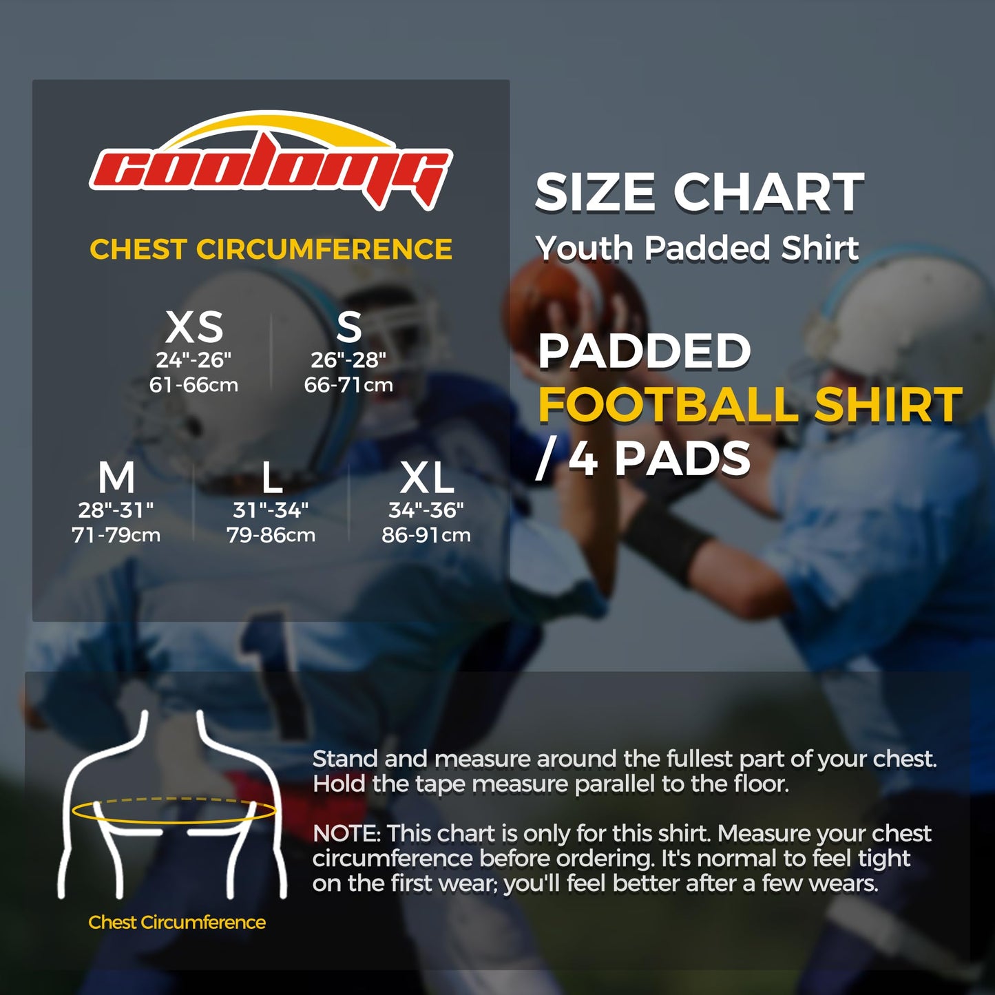 COOLOMG Youth Padded Football Shirt Chest Rib Protector | Football Compression Undershirt Back Protection