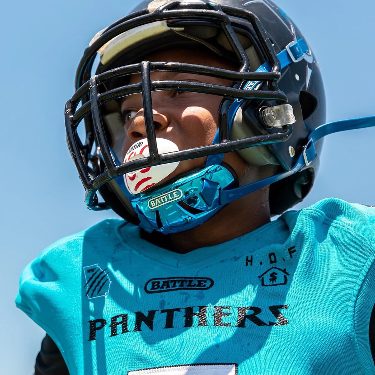 Battle Sports Shell Football Chin Strap | Adjustable youth size fit, Hand wash with mild soap and cold water, Air-dry at room temperature only, Do not machine dry