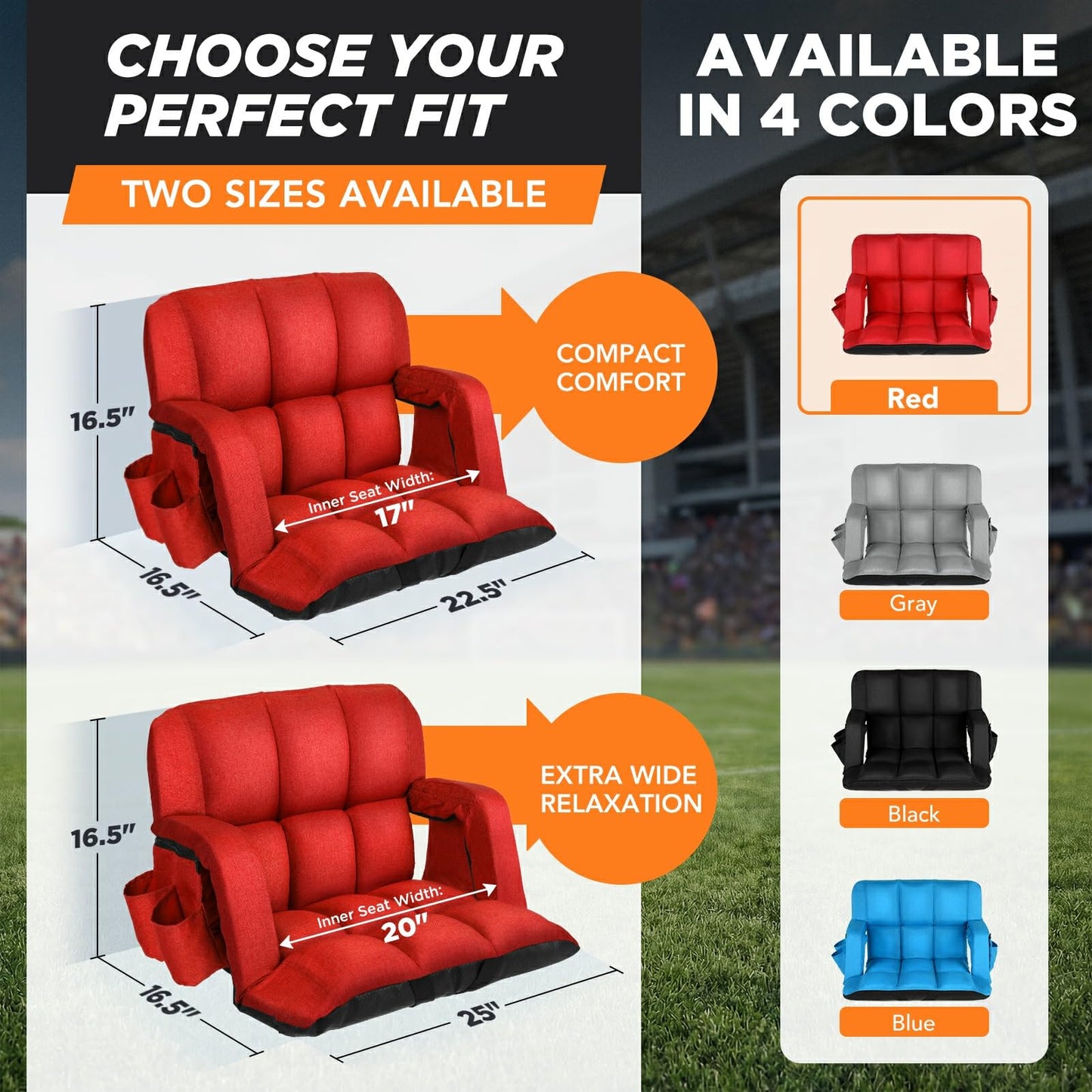 Stadium Seats with Back Support 2 Pack, 12-Grid Ergonomic 4.7" Thick Bleacher Chairs for All-Day Comfort, 6 Reclining Positions, Portable Extra Wide Adjustable Stadium Chair for Football & Baseball