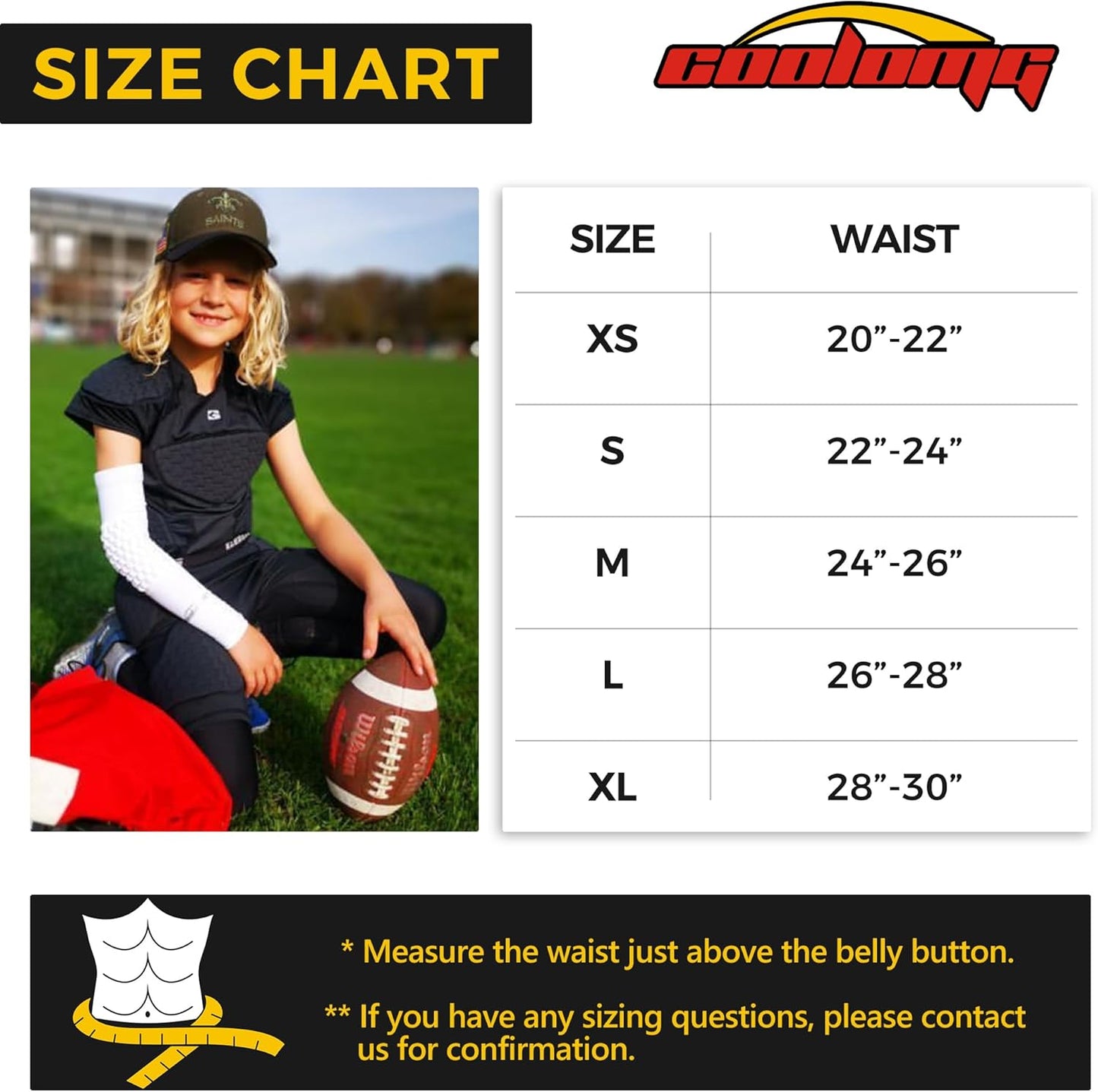 COOLOMG Youth Football Girdle 5-Pad Integrated Hip Thigh Tailbone Pads | Boys Football Padded Compression Shorts with Cup Pocket