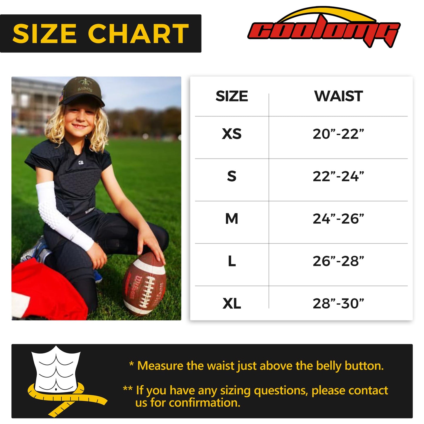 COOLOMG Youth Football Girdle 5-Pad Integrated Hip Thigh Tailbone Pads | Boys Football Padded Compression Shorts with Cup Pocket