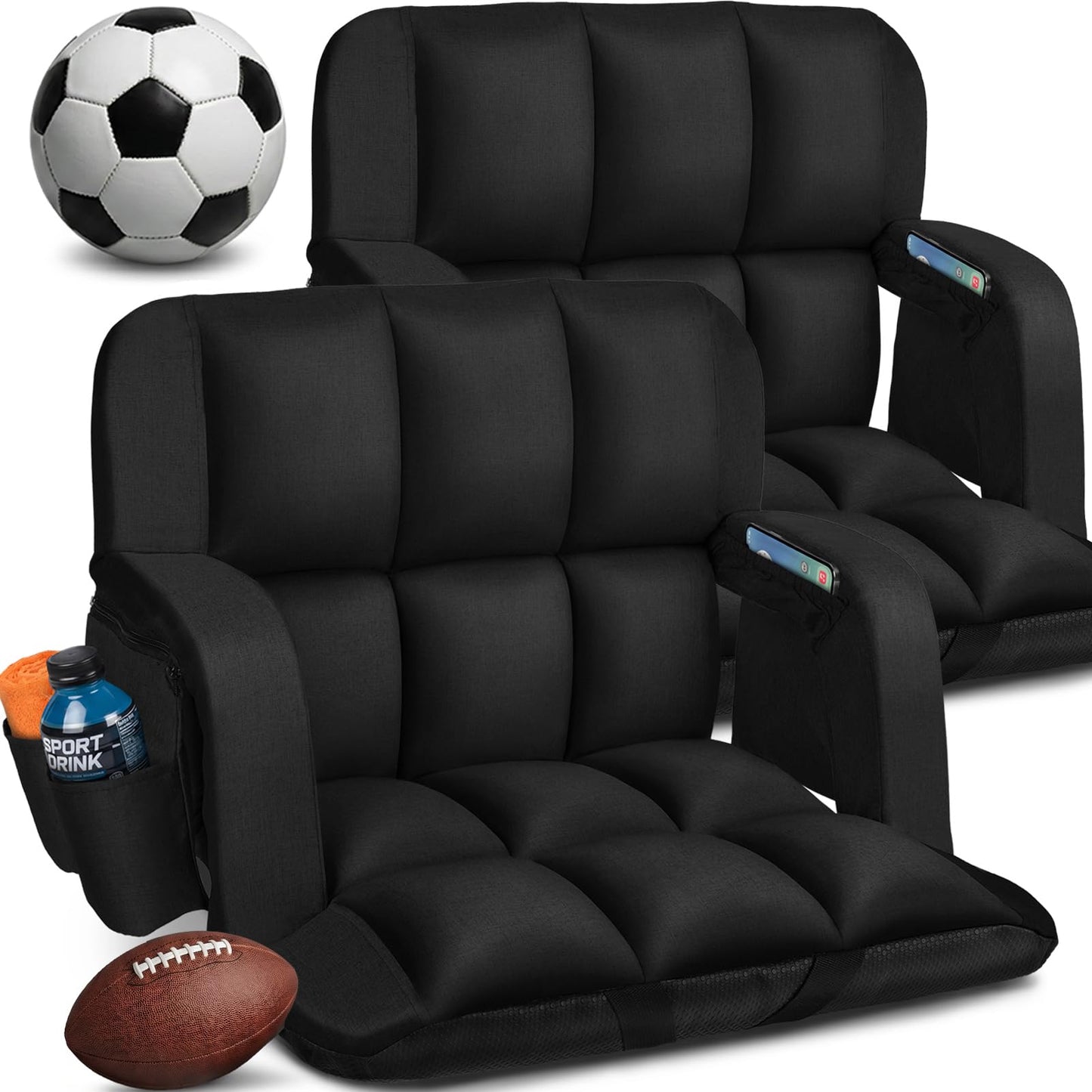 Stadium Seats with Back Support 2 Pack, 12-Grid Ergonomic 4.7" Thick Bleacher Chairs for All-Day Comfort, 6 Reclining Positions, Portable Extra Wide Adjustable Stadium Chair for Football & Baseball