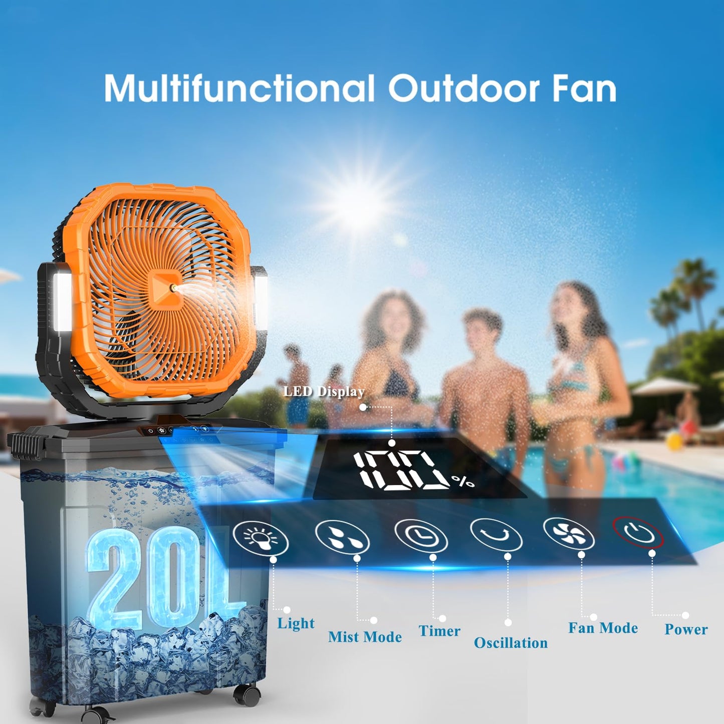 Ausic 5 Gal 12" Portable Misting Fan for Outside Patios, 30000mAh Outdoor Oscillating Rechargeable Battery Fan, Cooling Water Camping Fan with Telescopic Handle/Remote, Summer Essentials