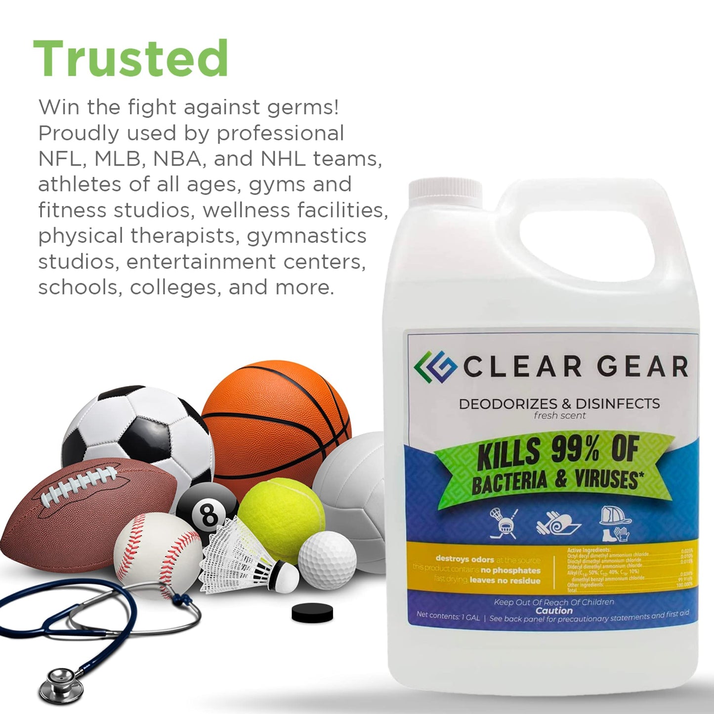 Clear Gear Disinfectant Cleaner, and Deodorizer For Sports Equipment, Gyms, and Fitness Centers - EPA-Registered, Hospital Grade, Made in USA - 1-Pack of 32 Oz Bottle Disinfecting Spray