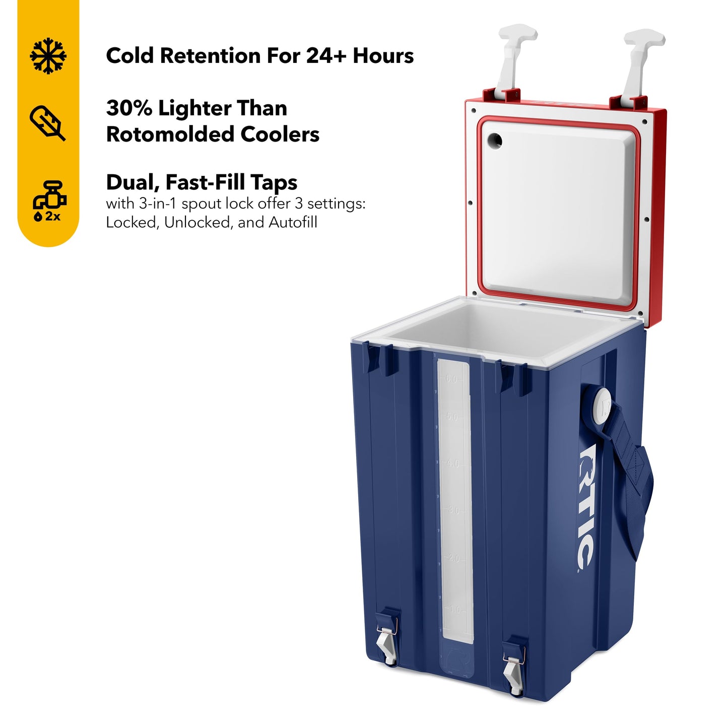 RTIC Halftime 3 Gallon Water Cooler Dispenser, Dual Taps, White | Insulated Beverage Dispenser for Sports, Parties, Camping, BBQ and Picnics, Dual Taps, Stackable, BPA Free