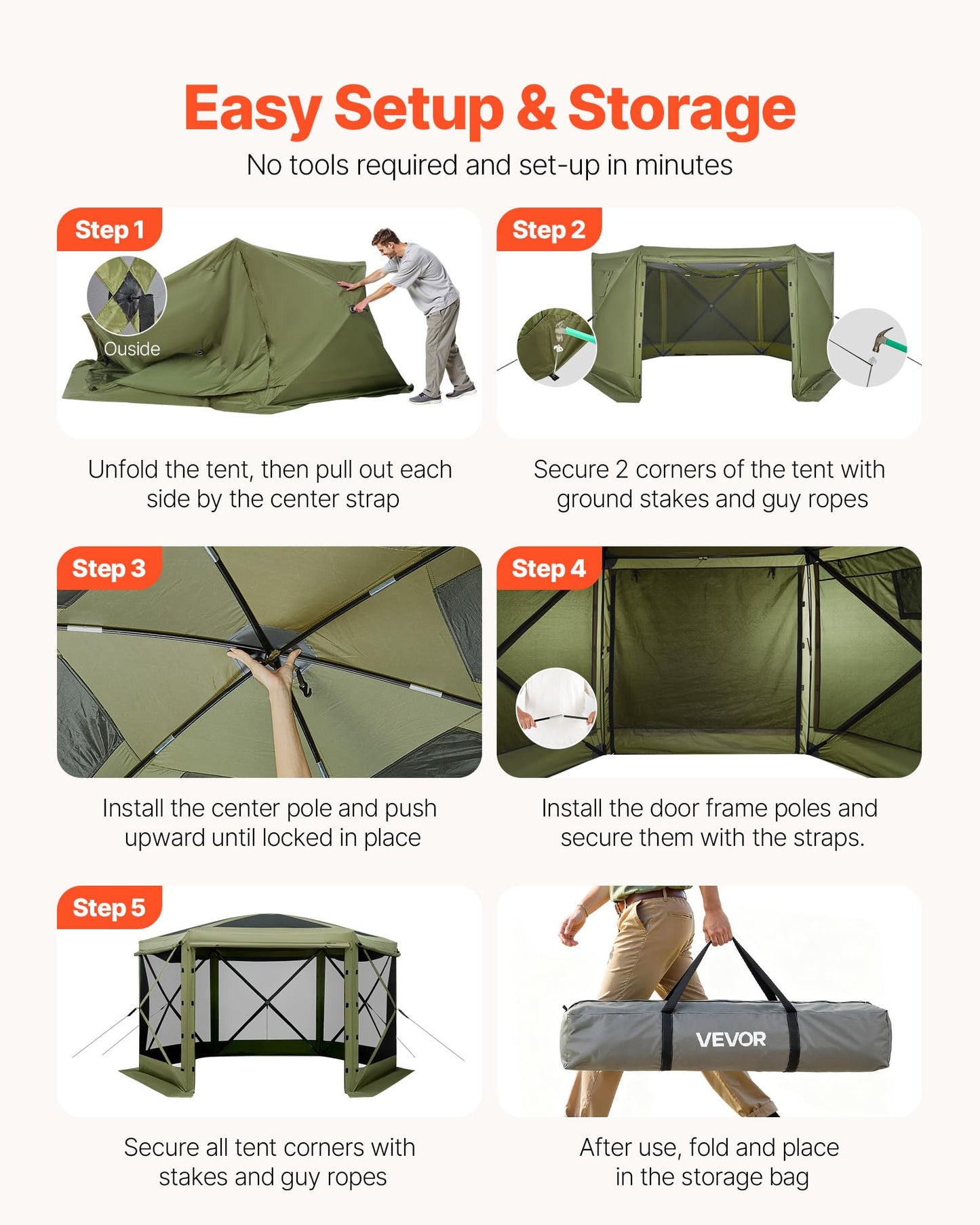 VEVOR Pop Up Gazebo Screen Tent 6 Sided Canopy Sun Shelter with 6 Removable Privacy Wind Cloths & Mesh Windows, 10x10FT Quick Set Screen Tent with Mosquito Netting, Army Green