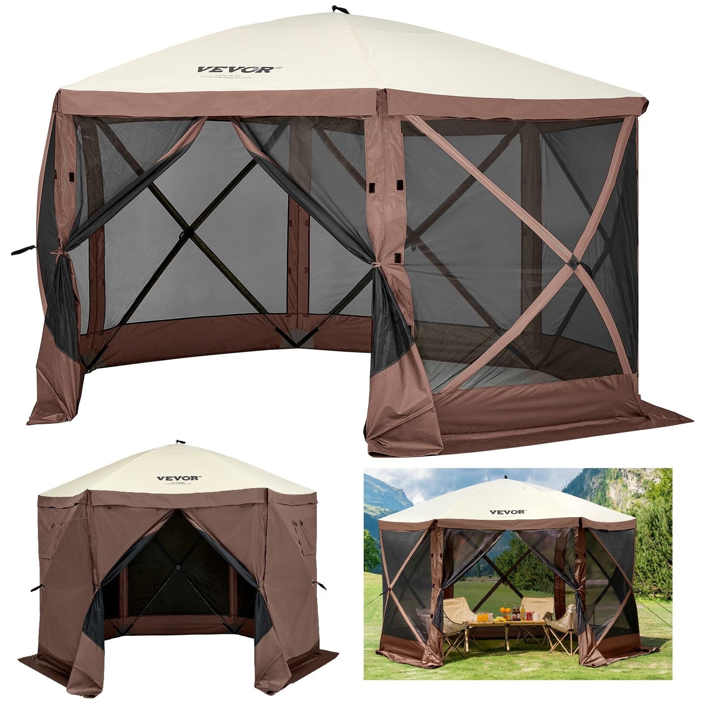 VEVOR Pop Up Gazebo Screen Tent 6 Sided Canopy Sun Shelter with 6 Removable Privacy Wind Cloths & Mesh Windows, 10x10FT Quick Set Screen Tent with Mosquito Netting, Army Green