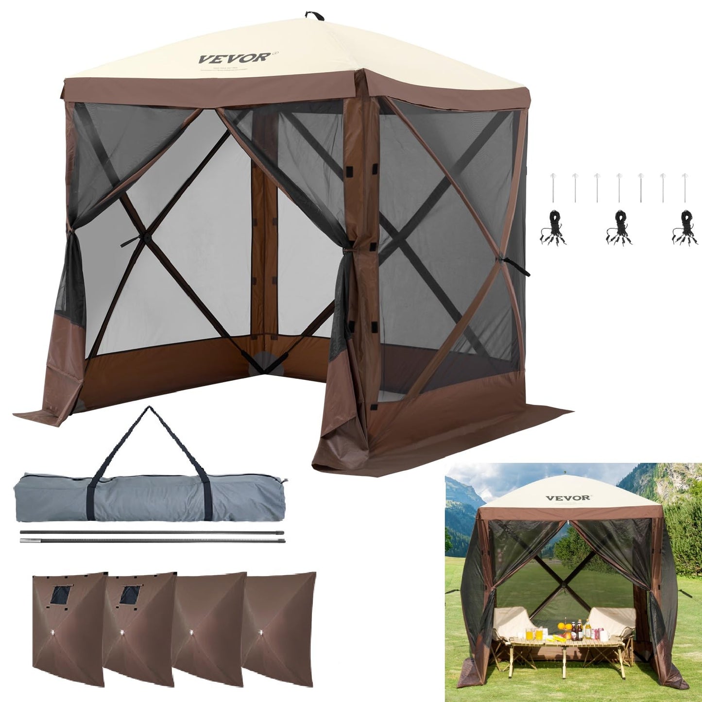 VEVOR Pop Up Gazebo Screen Tent 6 Sided Canopy Sun Shelter with 6 Removable Privacy Wind Cloths & Mesh Windows, 10x10FT Quick Set Screen Tent with Mosquito Netting, Army Green