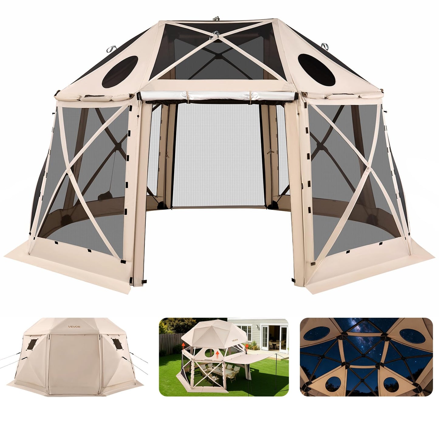 VEVOR Pop Up Gazebo Screen Tent 6 Sided Canopy Sun Shelter with 6 Removable Privacy Wind Cloths & Mesh Windows, 10x10FT Quick Set Screen Tent with Mosquito Netting, Army Green