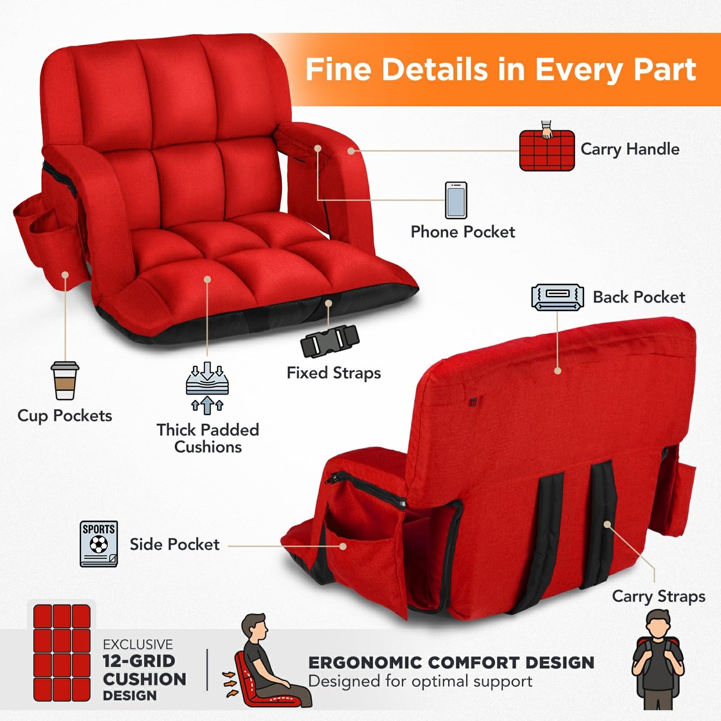 Stadium Seats with Back Support 2 Pack, 12-Grid Ergonomic 4.7" Thick Bleacher Chairs for All-Day Comfort, 6 Reclining Positions, Portable Extra Wide Adjustable Stadium Chair for Football & Baseball