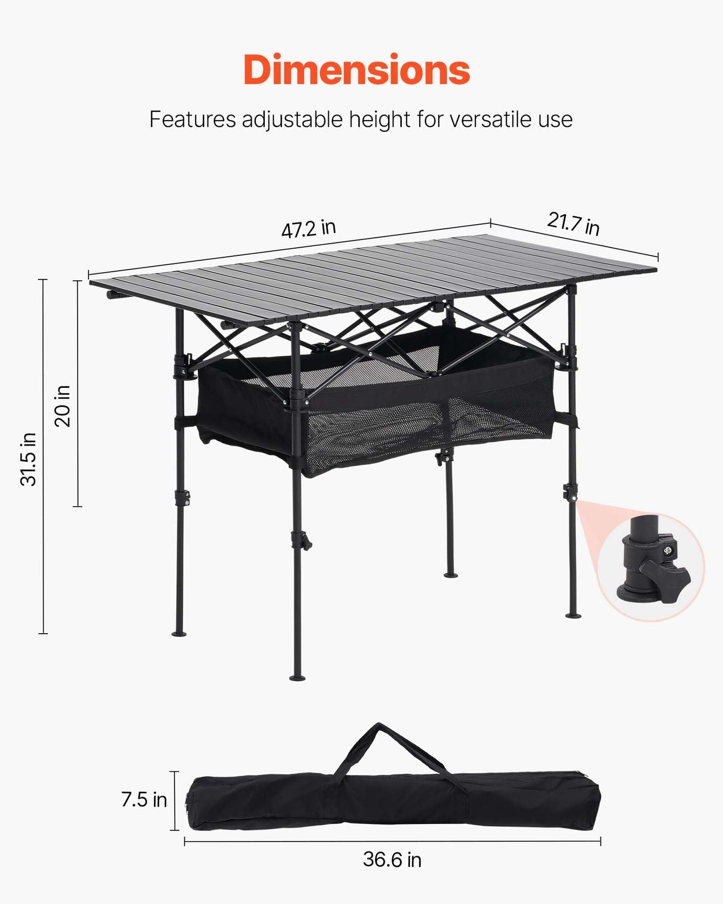 VEVOR Folding Camping Table, Portable Roll Up Side Tables, Lightweight Aluminum Beach Table for Outdoor BBQ Tailgating Picnic, Travel (47 inch-Black)