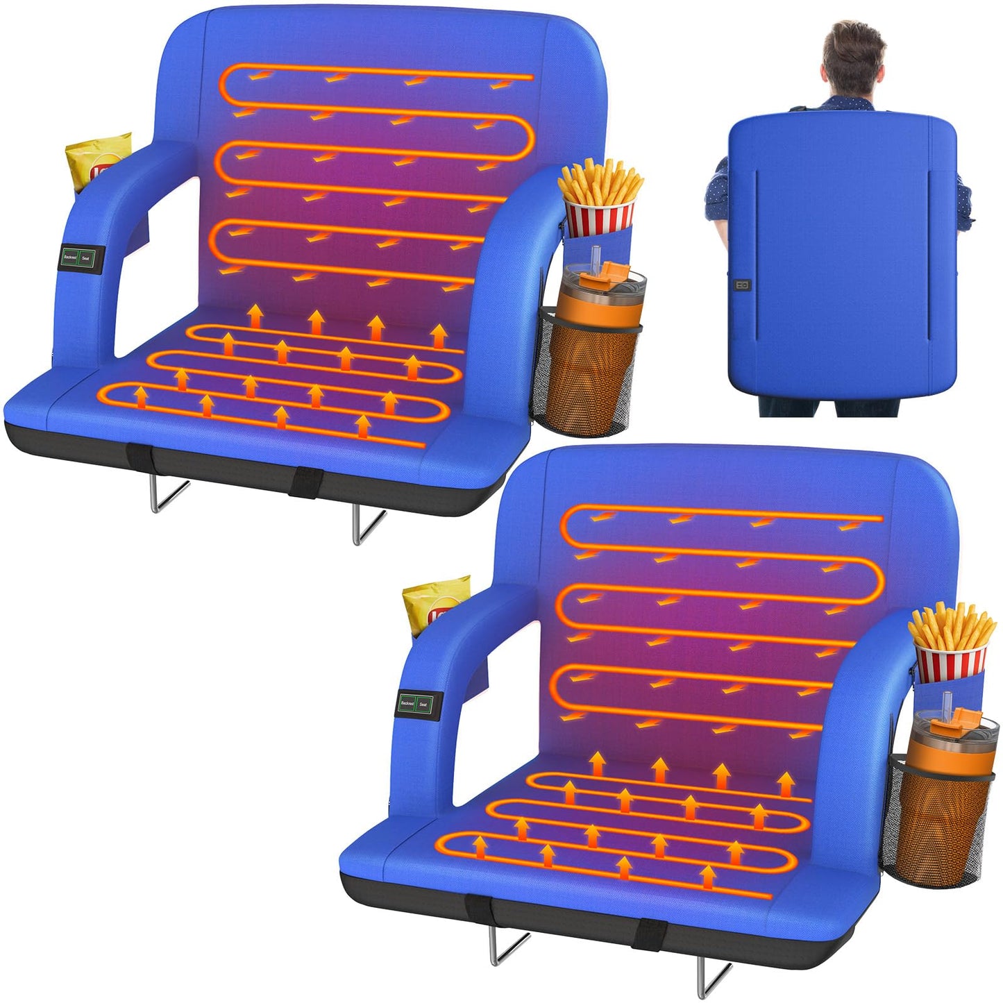 HOPERAN 23" 2pcs Dual-Sided Heated Stadium Seats for Bleachers with Back Support, 3 Levels Heating Stadium Seating for Bleachers Seat with Backrest, 5 Pockets Portable Stadium Chair for Outdoor