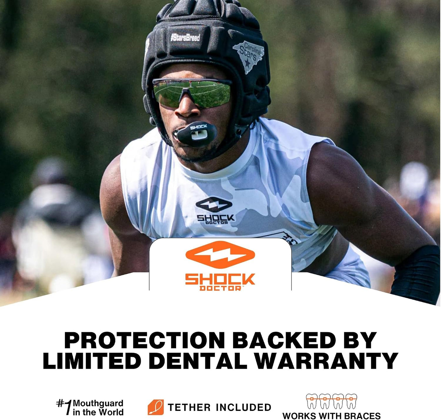 Shock Doctor Football Lip Guard Mouthpiece with Strap – Breathable, Wide Opening – Adult & Youth OSFA