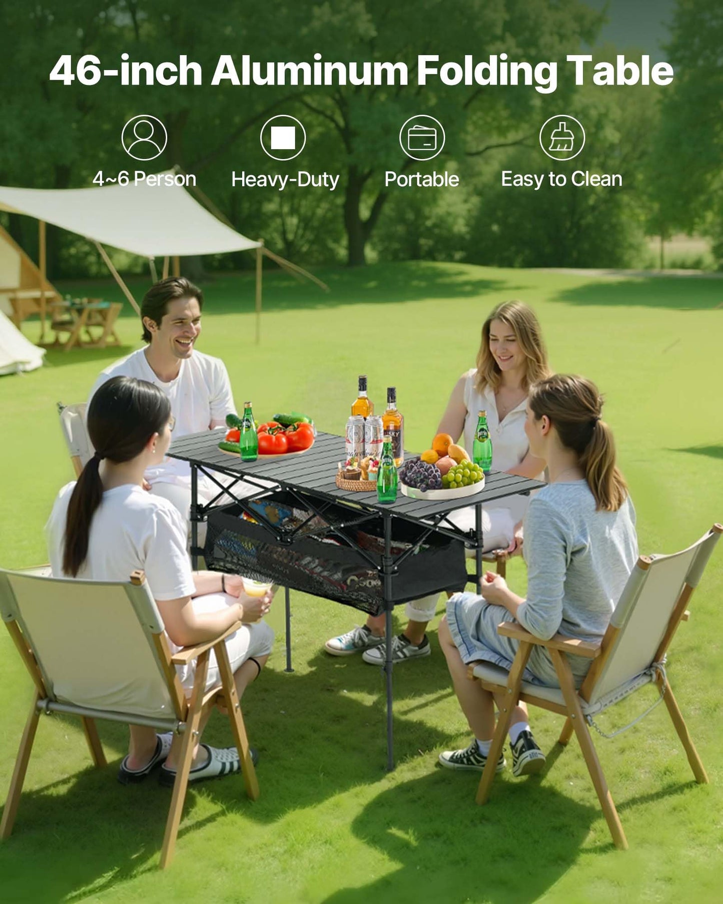 VEVOR Folding Camping Table, Portable Roll Up Side Tables, Lightweight Aluminum Beach Table for Outdoor BBQ Tailgating Picnic, Travel (47 inch-Black)