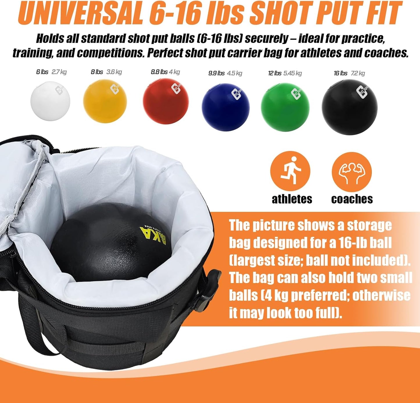 Shot Put Bag With Comfortable Handle and Foam Pad for Carrying Single Ball From 6 LBS to 16 LBS, Black