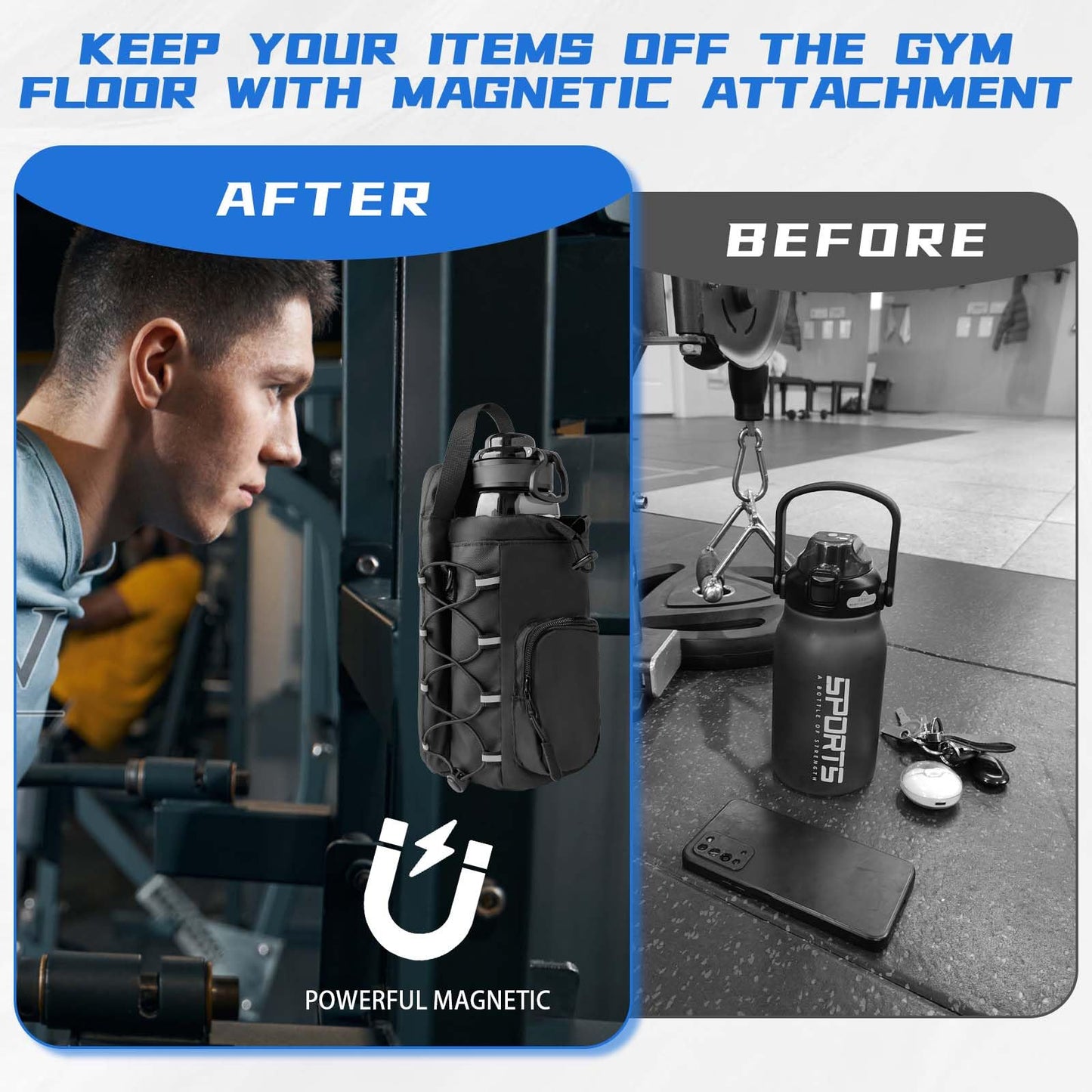 Magnetic Gym Bag for Men and Women, Magnetic Water Bottle Holder for Gym, Small Gym Bag, Gym Gifts for Women and Men (Blue, <40 OZ)