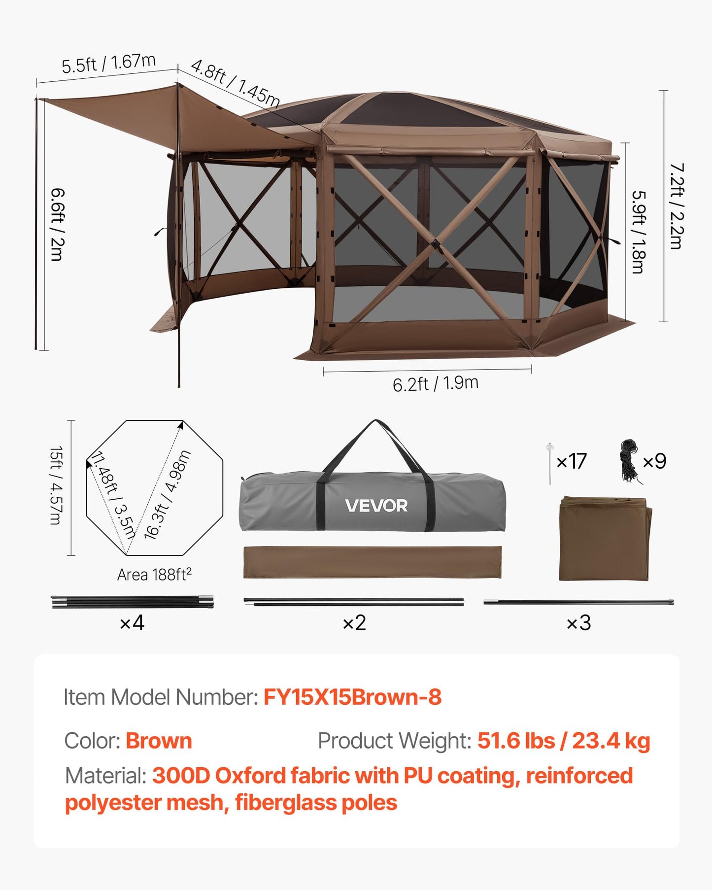VEVOR Pop Up Gazebo Screen Tent 6 Sided Canopy Sun Shelter with 6 Removable Privacy Wind Cloths & Mesh Windows, 10x10FT Quick Set Screen Tent with Mosquito Netting, Army Green