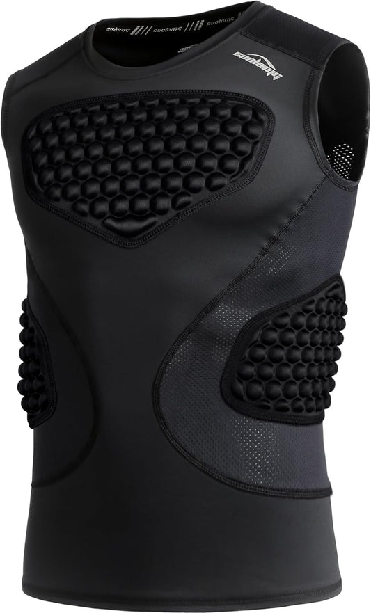 COOLOMG Mens Football Padded Compression Shirt Chest Rib Protector Baseball | Adult Heart Sternum Guard, 3-Pad Undershirt for Lacrosse Rugby Softball