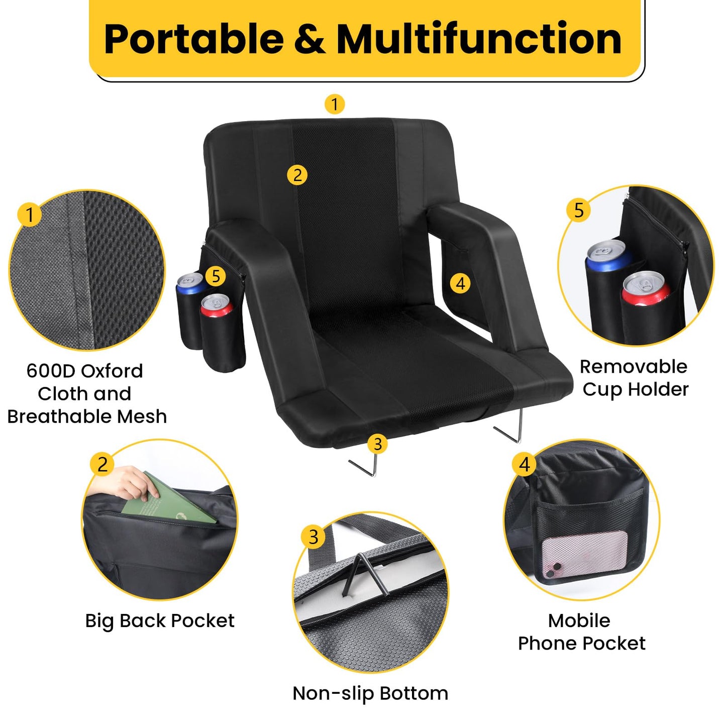 JTSIOV Stadium Seats with Back Support, 25" Extra Wide Bleacher Chairs with Back and Cushion, 3D Mesh Stitching Stadium Chair, 6 Reclining Positions Bleacher Seats for Sports Events