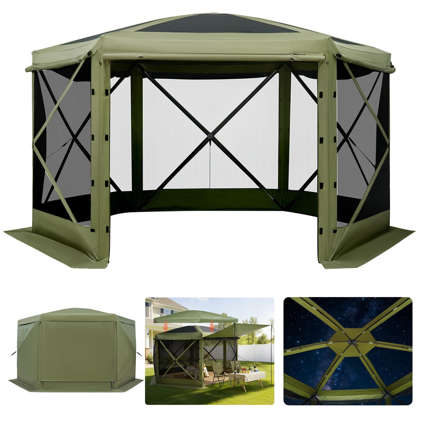 VEVOR Pop Up Gazebo Screen Tent 6 Sided Canopy Sun Shelter with 6 Removable Privacy Wind Cloths & Mesh Windows, 10x10FT Quick Set Screen Tent with Mosquito Netting, Army Green