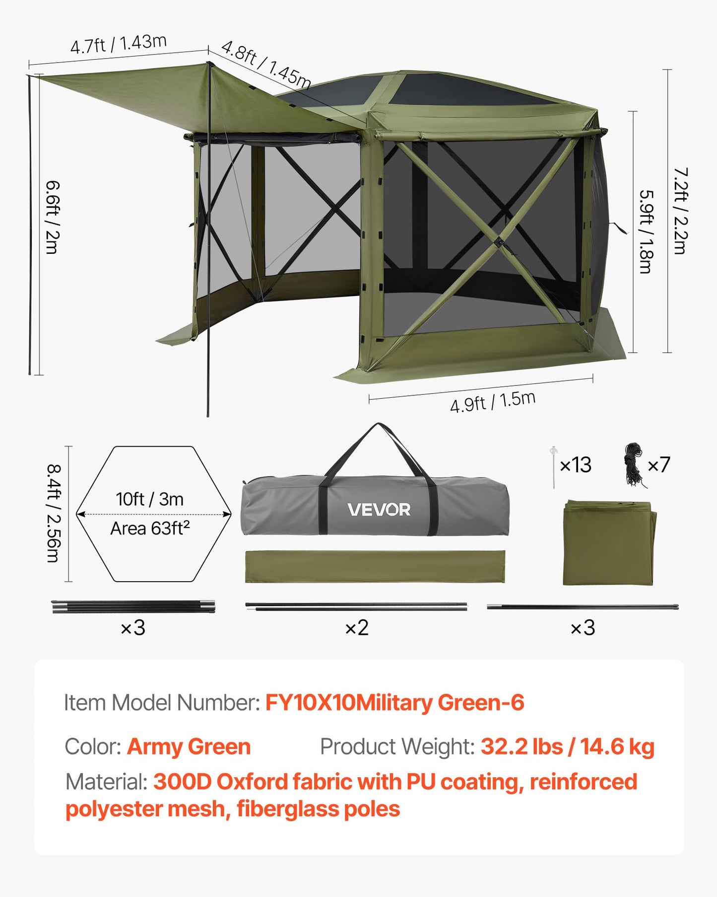 VEVOR Pop Up Gazebo Screen Tent 6 Sided Canopy Sun Shelter with 6 Removable Privacy Wind Cloths & Mesh Windows, 10x10FT Quick Set Screen Tent with Mosquito Netting, Army Green