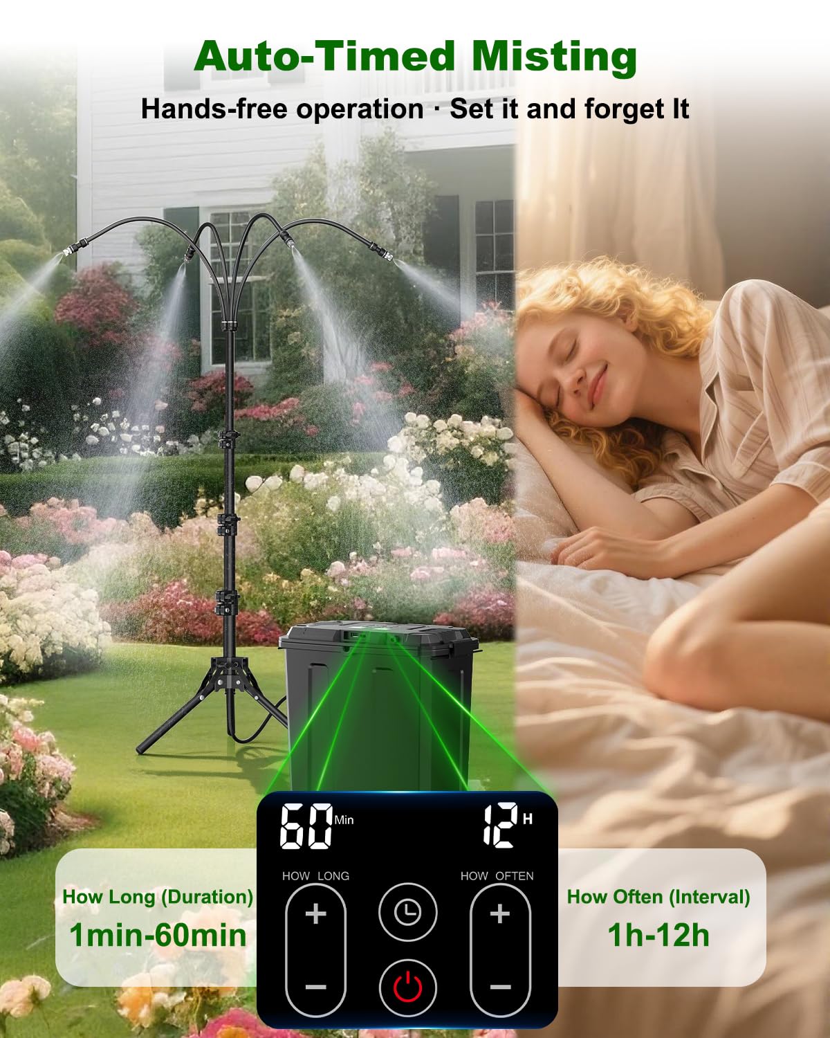 Ausic Portable Misting System with Stand, Water Cooling Misters Set for Outside Patio - 9L Bucket Built-in 10000mAh Battery & PCS Pump & Timer for Outdoor, Canopy, Sport, Golf, Beach, Greenhouse, Camp