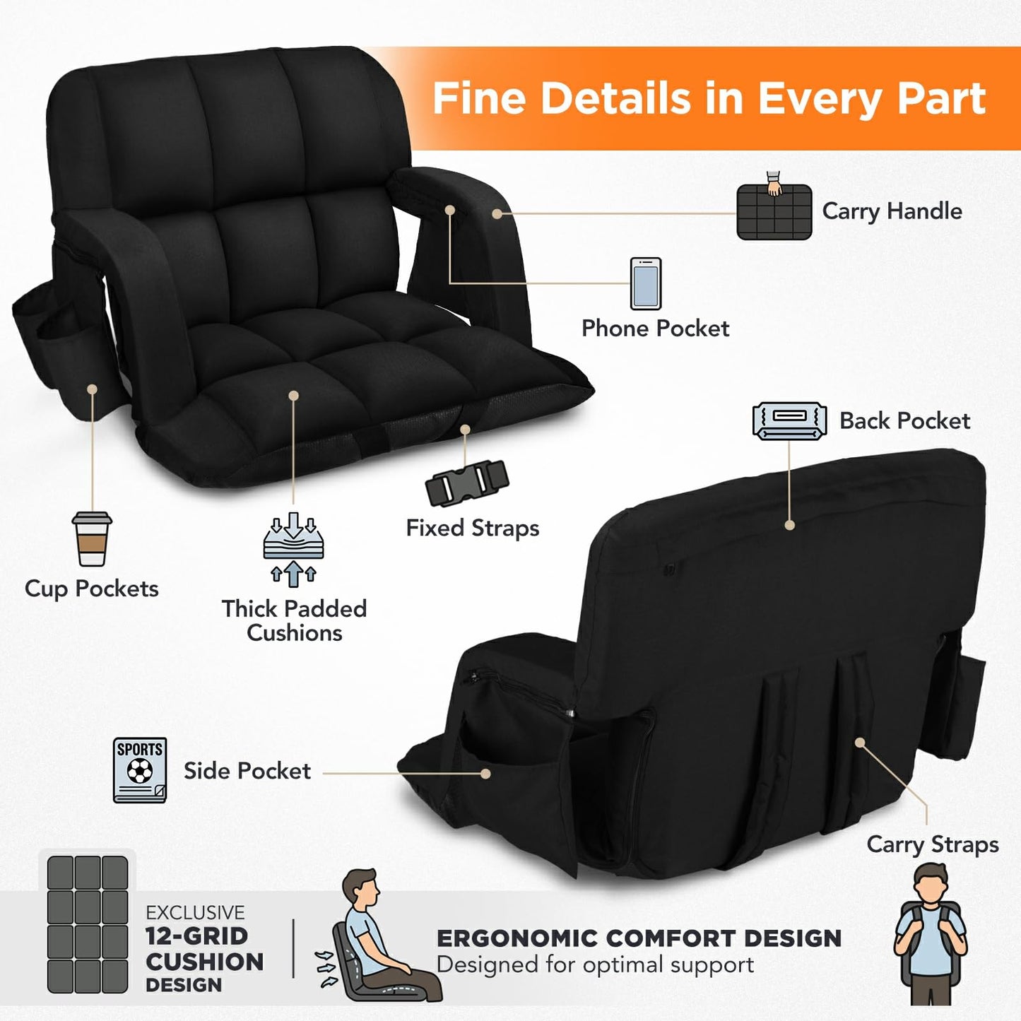 Stadium Seats with Back Support 2 Pack, 12-Grid Ergonomic 4.7" Thick Bleacher Chairs for All-Day Comfort, 6 Reclining Positions, Portable Extra Wide Adjustable Stadium Chair for Football & Baseball
