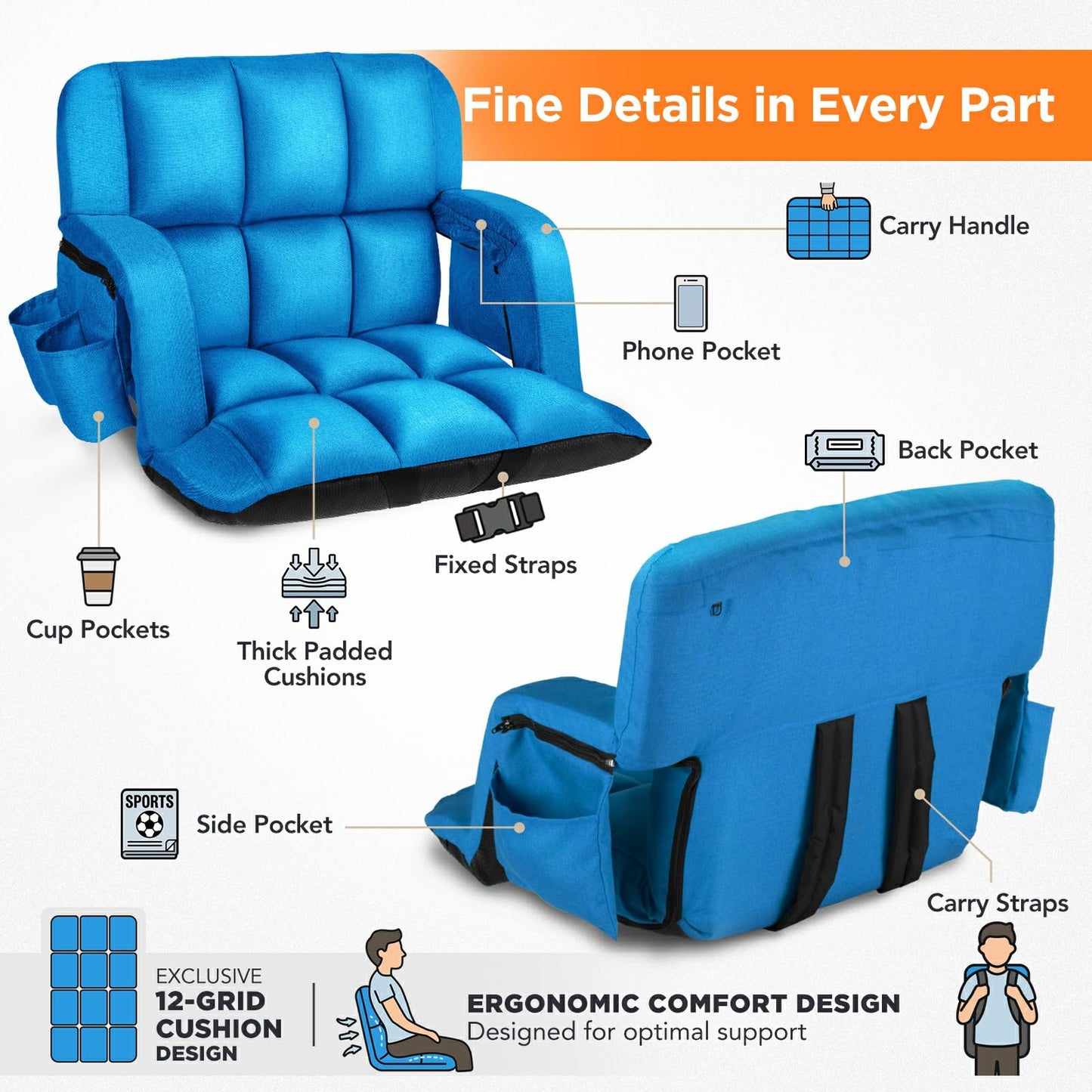 Stadium Seats with Back Support 2 Pack, 12-Grid Ergonomic 4.7" Thick Bleacher Chairs for All-Day Comfort, 6 Reclining Positions, Portable Extra Wide Adjustable Stadium Chair for Football & Baseball