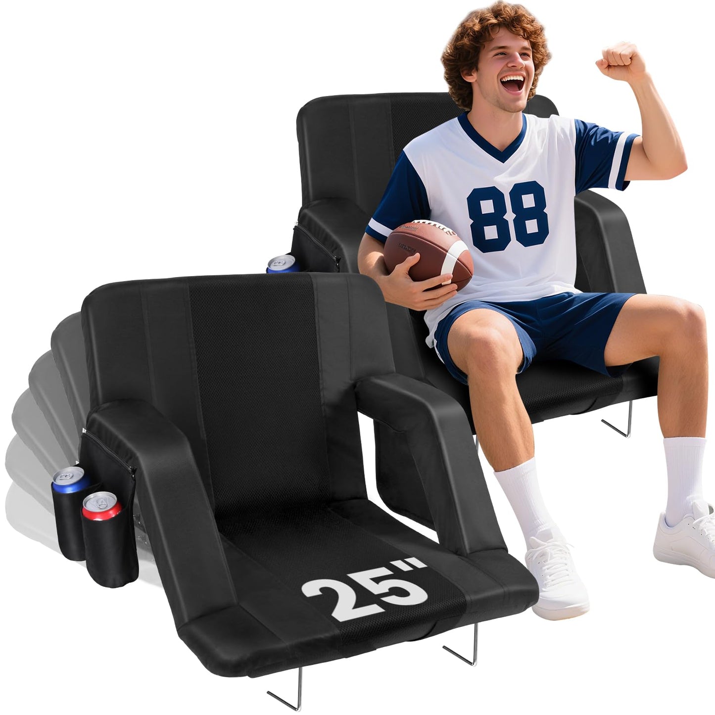 JTSIOV Stadium Seats with Back Support, 25" Extra Wide Bleacher Chairs with Back and Cushion, 3D Mesh Stitching Stadium Chair, 6 Reclining Positions Bleacher Seats for Sports Events