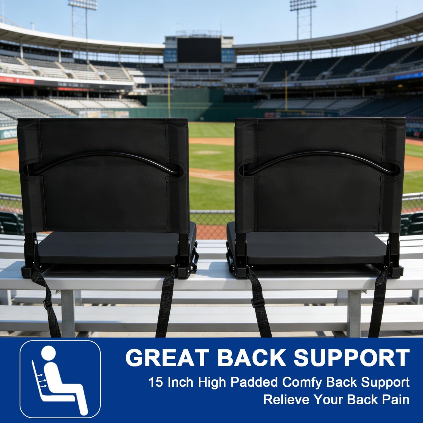 Romswi Stadium Seats for Bleachers with Back Support 2 Pack, Lightweight Portable Bleacher Chairs with Wide Padded Cushion, Folding Stadium Seat with Cup Holder