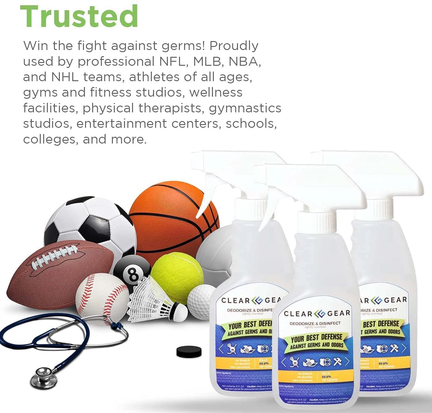 Clear Gear Disinfectant Cleaner, and Deodorizer For Sports Equipment, Gyms, and Fitness Centers - EPA-Registered, Hospital Grade, Made in USA - 1-Pack of 32 Oz Bottle Disinfecting Spray