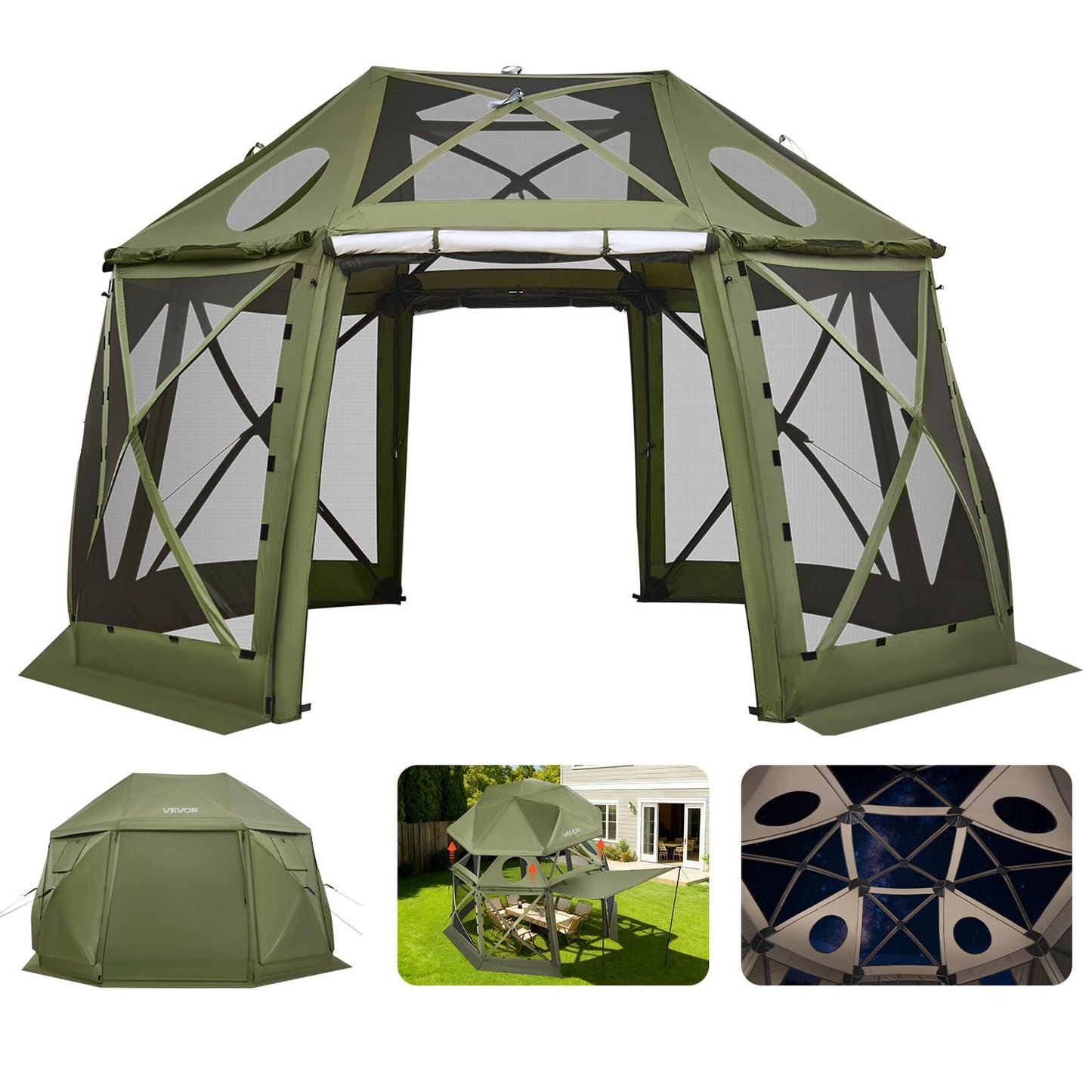 VEVOR Pop Up Gazebo Screen Tent 6 Sided Canopy Sun Shelter with 6 Removable Privacy Wind Cloths & Mesh Windows, 10x10FT Quick Set Screen Tent with Mosquito Netting, Army Green