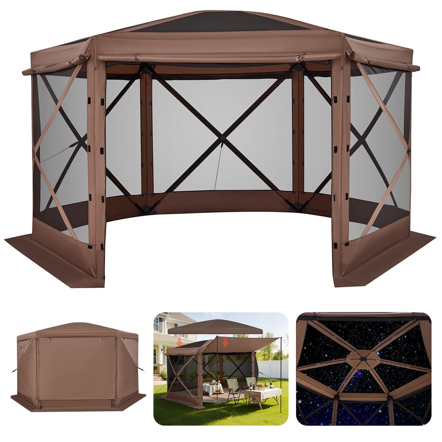 VEVOR Pop Up Gazebo Screen Tent 6 Sided Canopy Sun Shelter with 6 Removable Privacy Wind Cloths & Mesh Windows, 10x10FT Quick Set Screen Tent with Mosquito Netting, Army Green