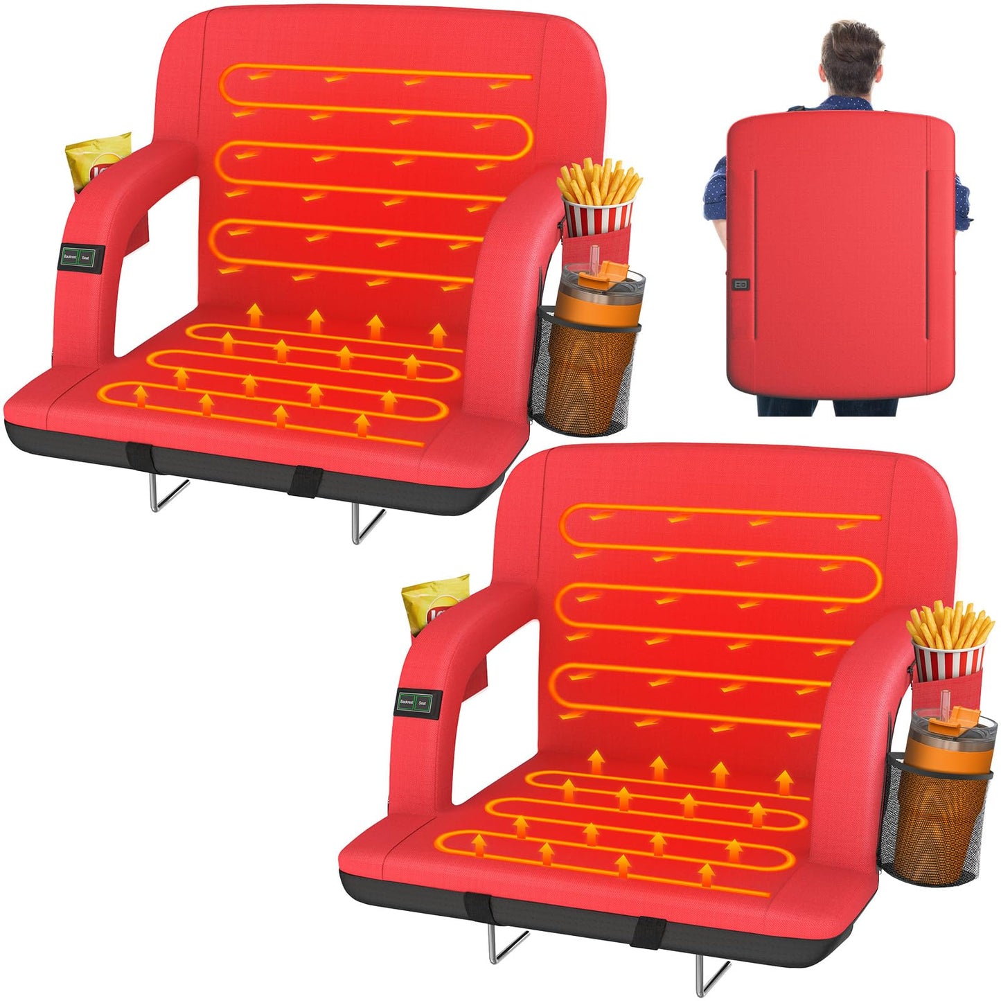 HOPERAN 23" 2pcs Dual-Sided Heated Stadium Seats for Bleachers with Back Support, 3 Levels Heating Stadium Seating for Bleachers Seat with Backrest, 5 Pockets Portable Stadium Chair for Outdoor
