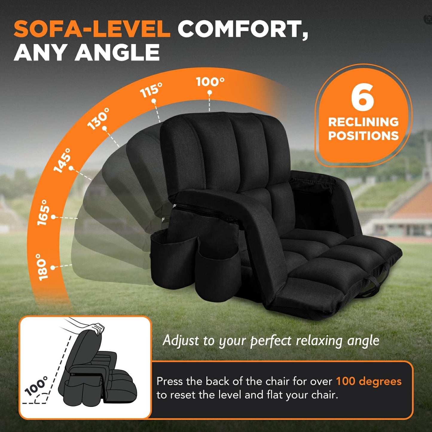Stadium Seats with Back Support 2 Pack, 12-Grid Ergonomic 4.7" Thick Bleacher Chairs for All-Day Comfort, 6 Reclining Positions, Portable Extra Wide Adjustable Stadium Chair for Football & Baseball