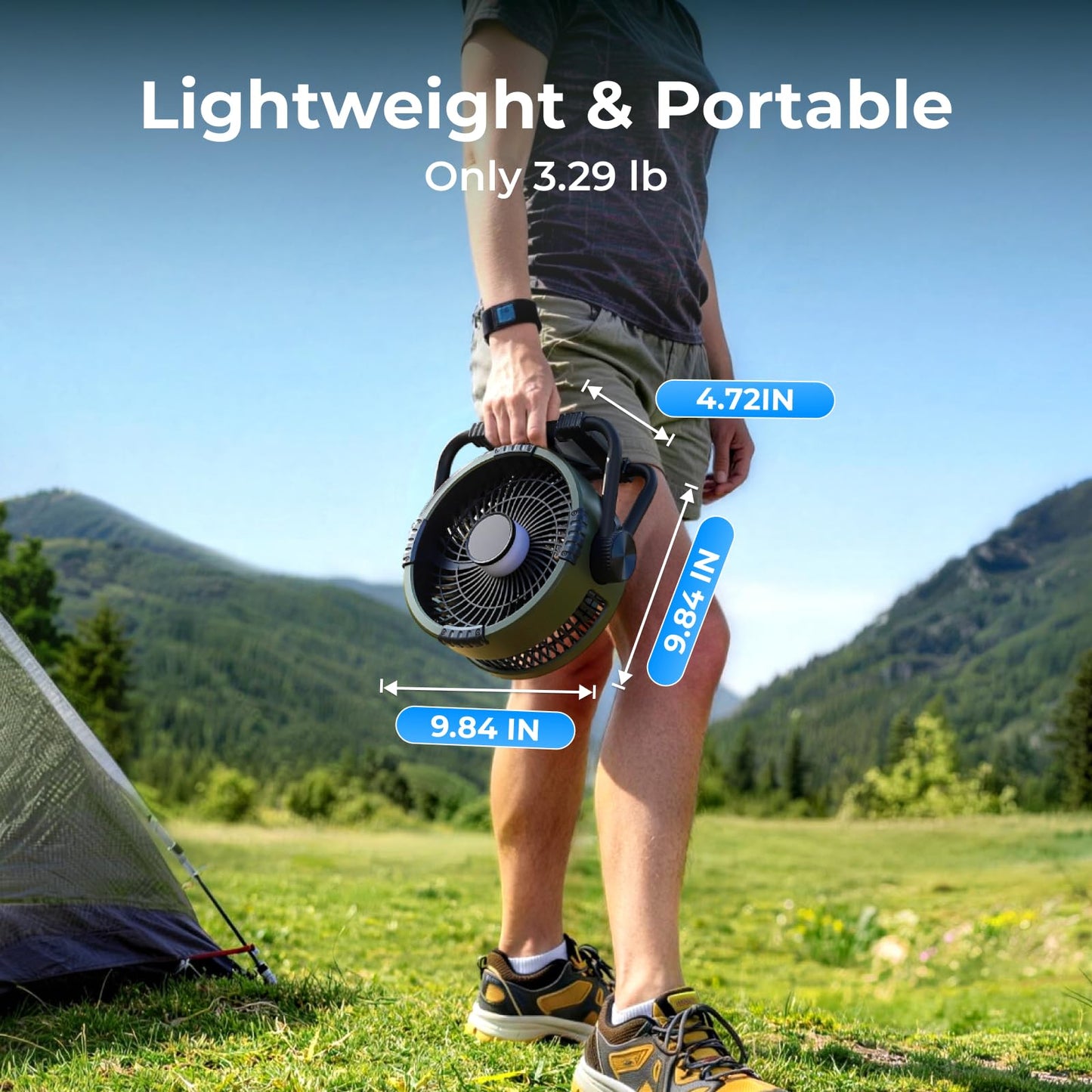 BougeRV Portable Fan Rechargeable, 20000mAh Battery Powered Fans with 4 Wind Speeds Hook Brighter Light LCD Display 270° Rotatable for Camping, Tent, Outdoors, Office, Travel, RV, Black