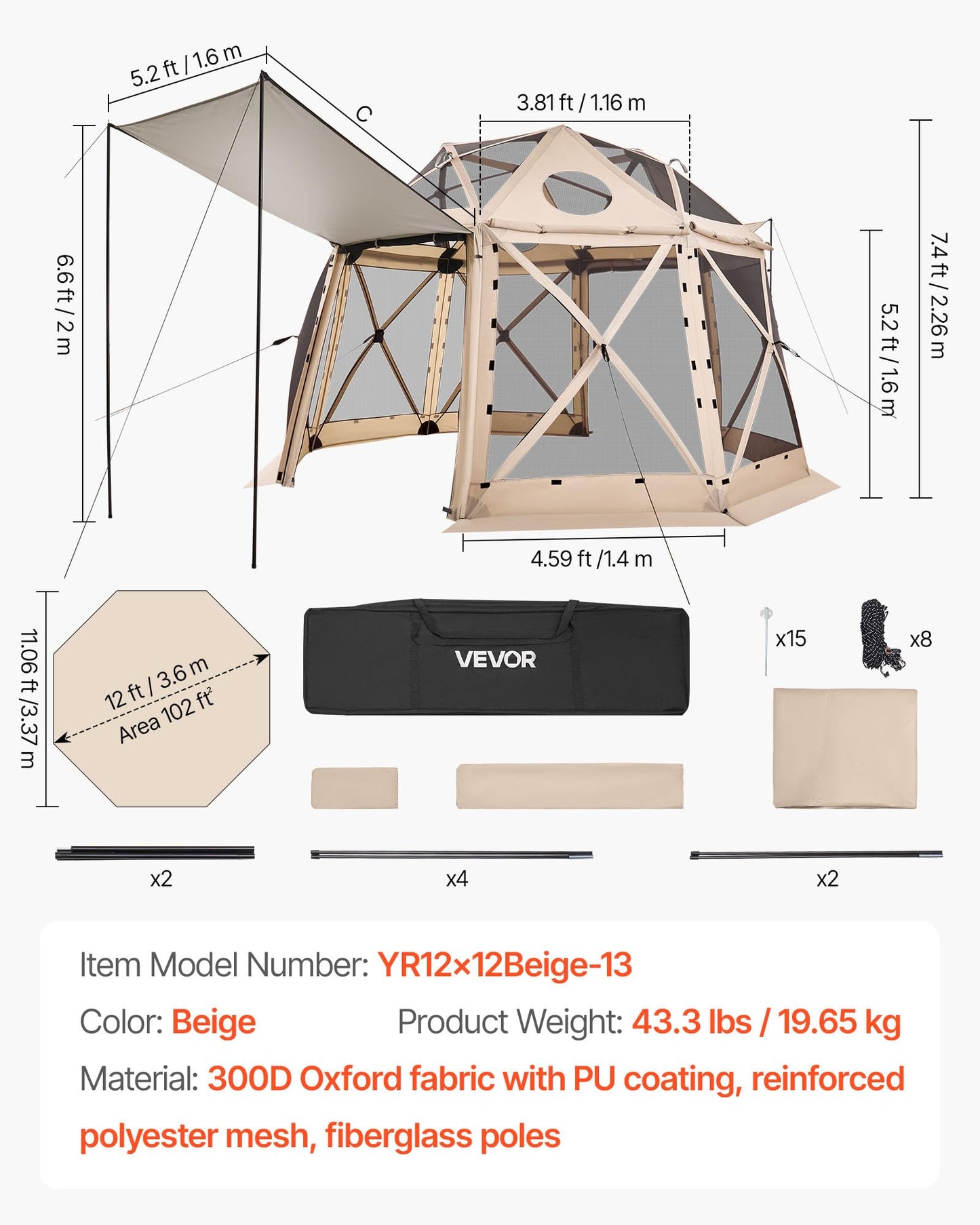 VEVOR Pop Up Gazebo Screen Tent 6 Sided Canopy Sun Shelter with 6 Removable Privacy Wind Cloths & Mesh Windows, 10x10FT Quick Set Screen Tent with Mosquito Netting, Army Green