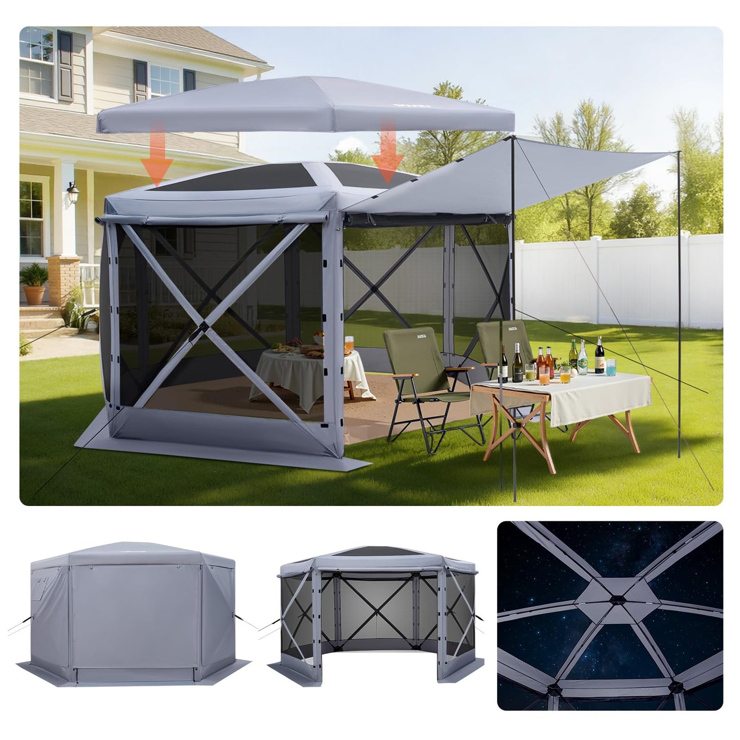 VEVOR Pop Up Gazebo Screen Tent 6 Sided Canopy Sun Shelter with 6 Removable Privacy Wind Cloths & Mesh Windows, 10x10FT Quick Set Screen Tent with Mosquito Netting, Army Green
