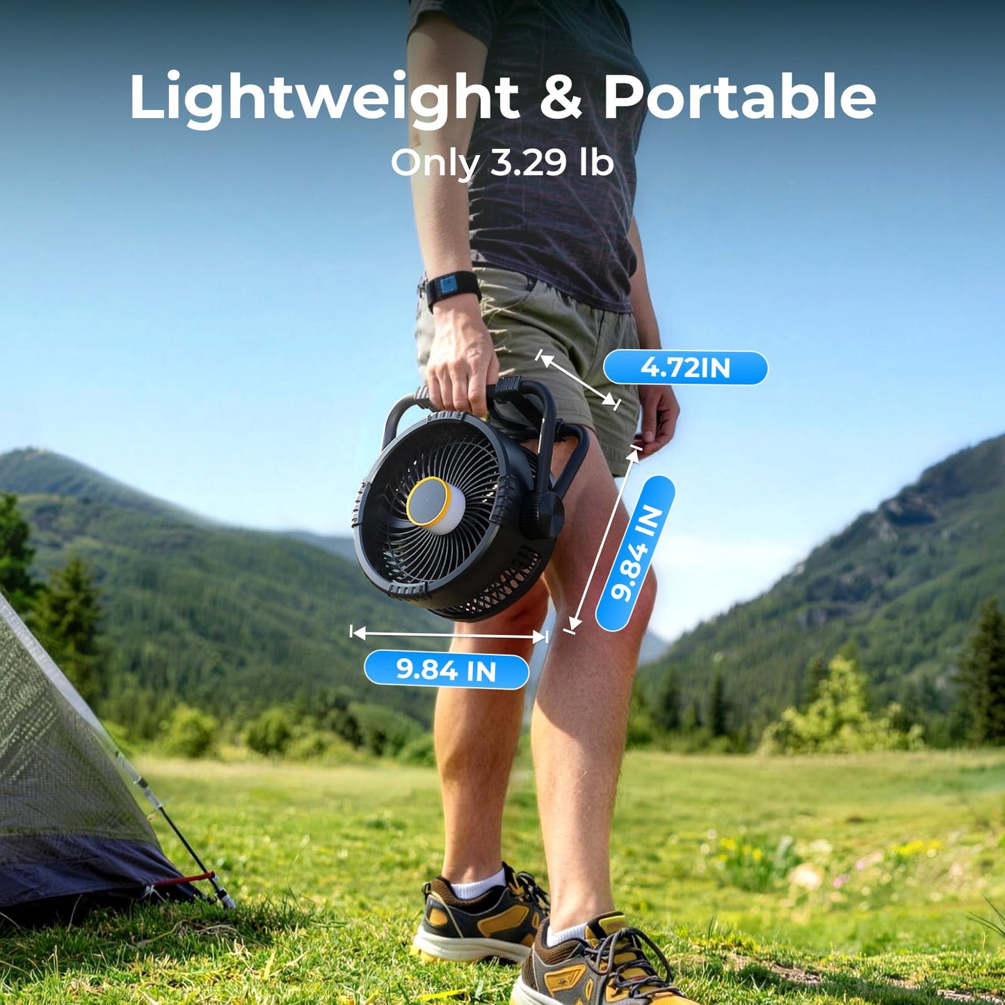BougeRV Portable Fan Rechargeable, 20000mAh Battery Powered Fans with 4 Wind Speeds Hook Brighter Light LCD Display 270° Rotatable for Camping, Tent, Outdoors, Office, Travel, RV, Black