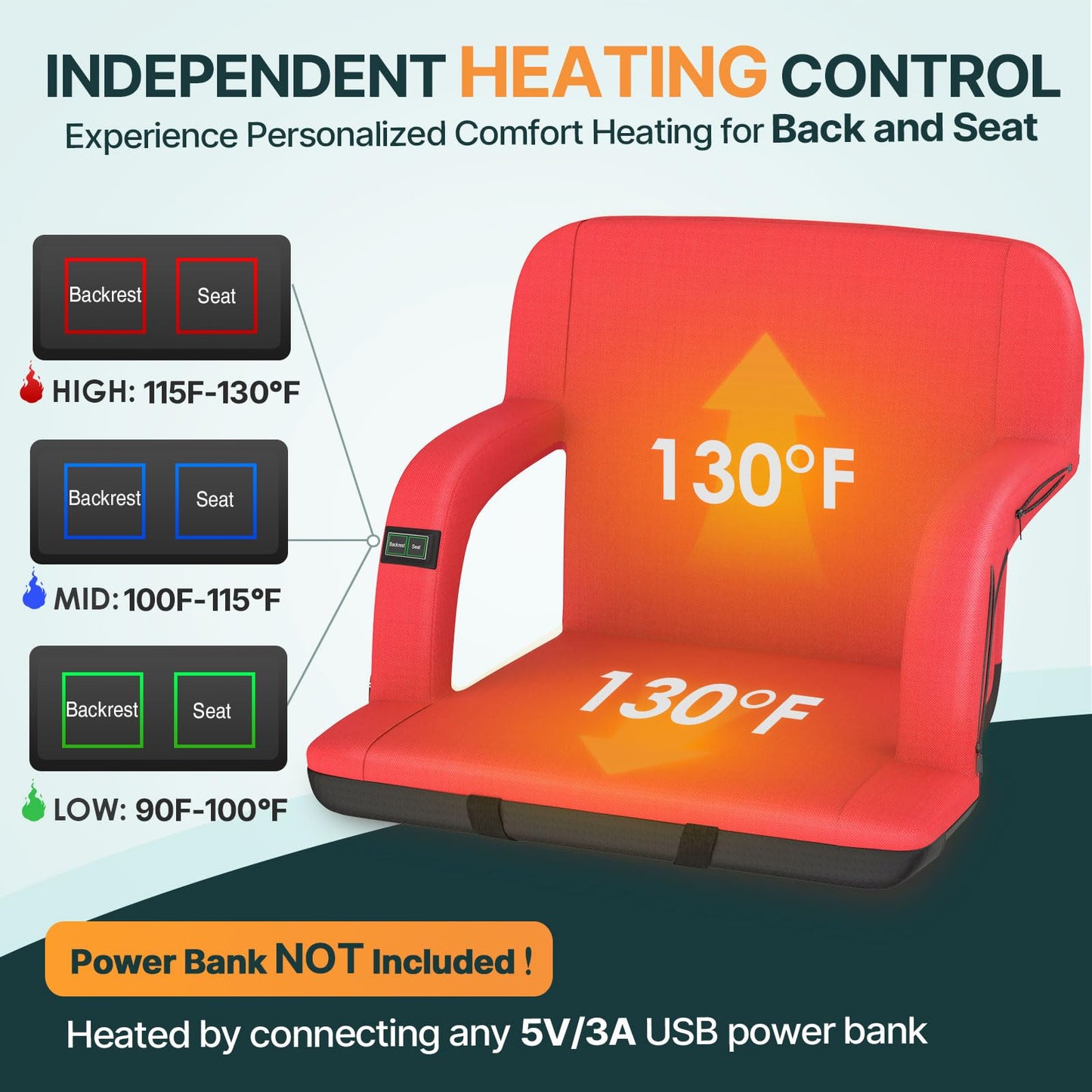 HOPERAN 23" 2pcs Dual-Sided Heated Stadium Seats for Bleachers with Back Support, 3 Levels Heating Stadium Seating for Bleachers Seat with Backrest, 5 Pockets Portable Stadium Chair for Outdoor