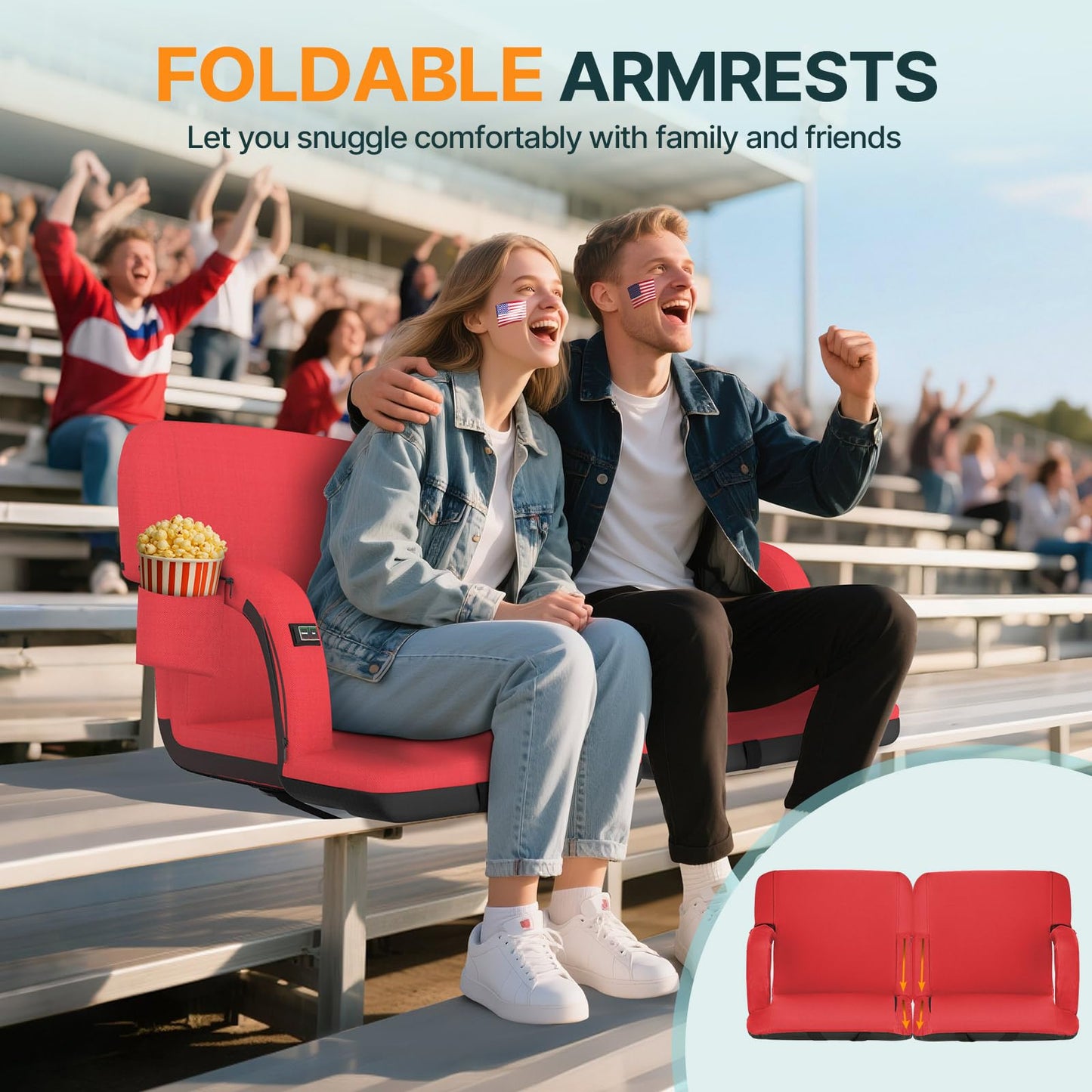 HOPERAN 23" 2pcs Dual-Sided Heated Stadium Seats for Bleachers with Back Support, 3 Levels Heating Stadium Seating for Bleachers Seat with Backrest, 5 Pockets Portable Stadium Chair for Outdoor