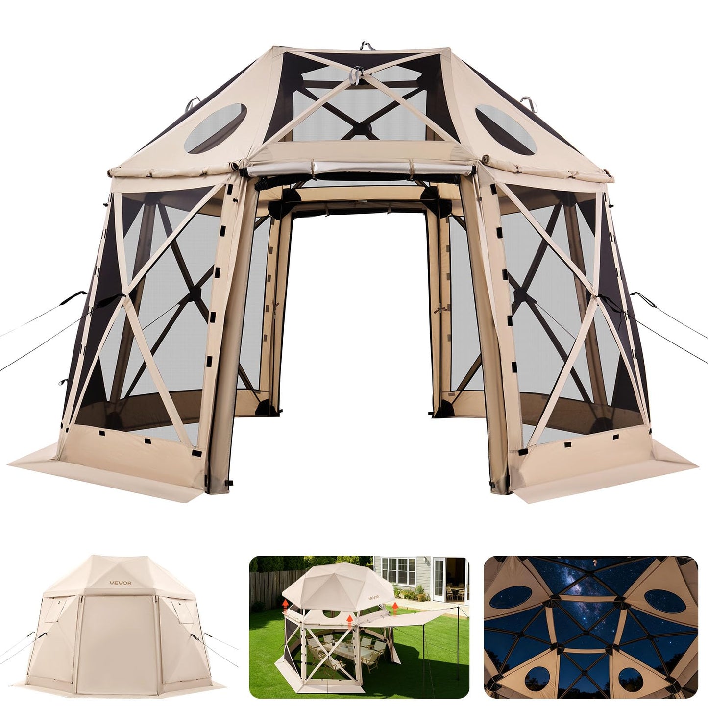 VEVOR Pop Up Gazebo Screen Tent 6 Sided Canopy Sun Shelter with 6 Removable Privacy Wind Cloths & Mesh Windows, 10x10FT Quick Set Screen Tent with Mosquito Netting, Army Green