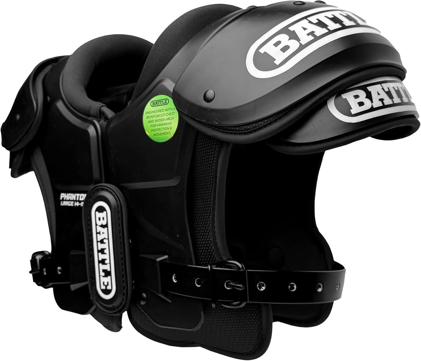 Battle Sports Phantom Football Shoulder Pads | Leaf-spring technology absorbs shock, Molded chest plate, Permanent sternum protector, Wide-coverage foam neck roll