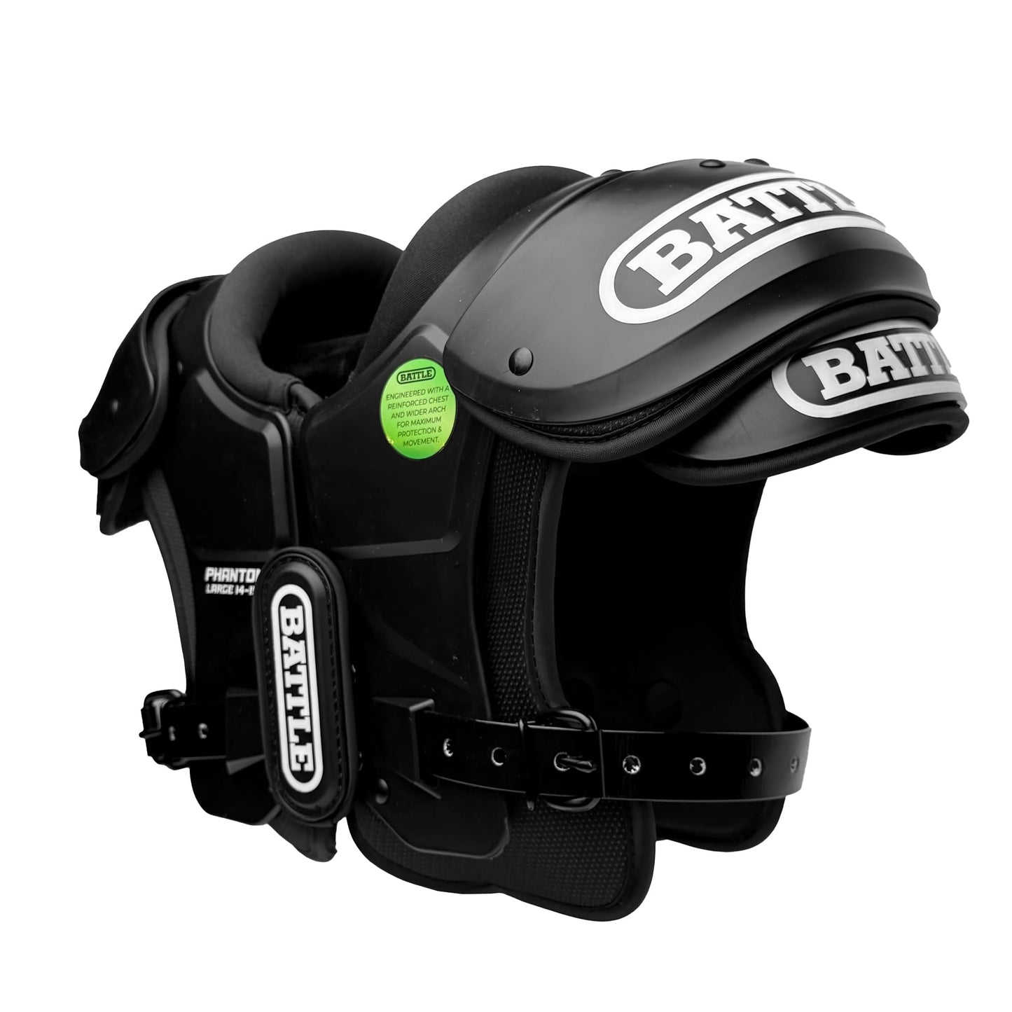 Battle Sports Phantom Football Shoulder Pads | Leaf-spring technology absorbs shock, Molded chest plate, Permanent sternum protector, Wide-coverage foam neck roll