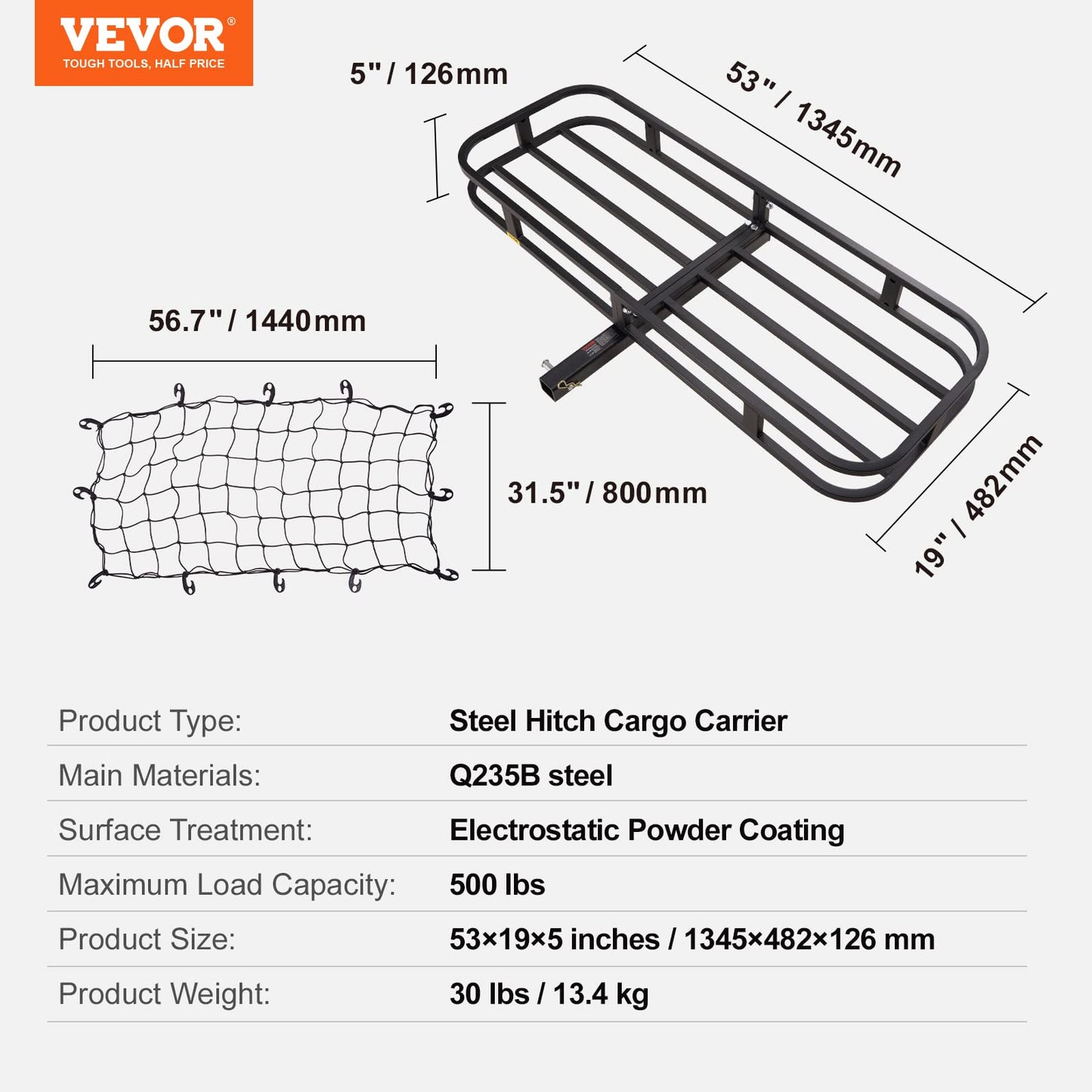 VEVOR 60x24x6 Folding Hitch Carrier - 500lb Capacity Cargo Basket & Waterproof Bag, Fits 2" Hitch Receiver for SUV, Truck, Pickup