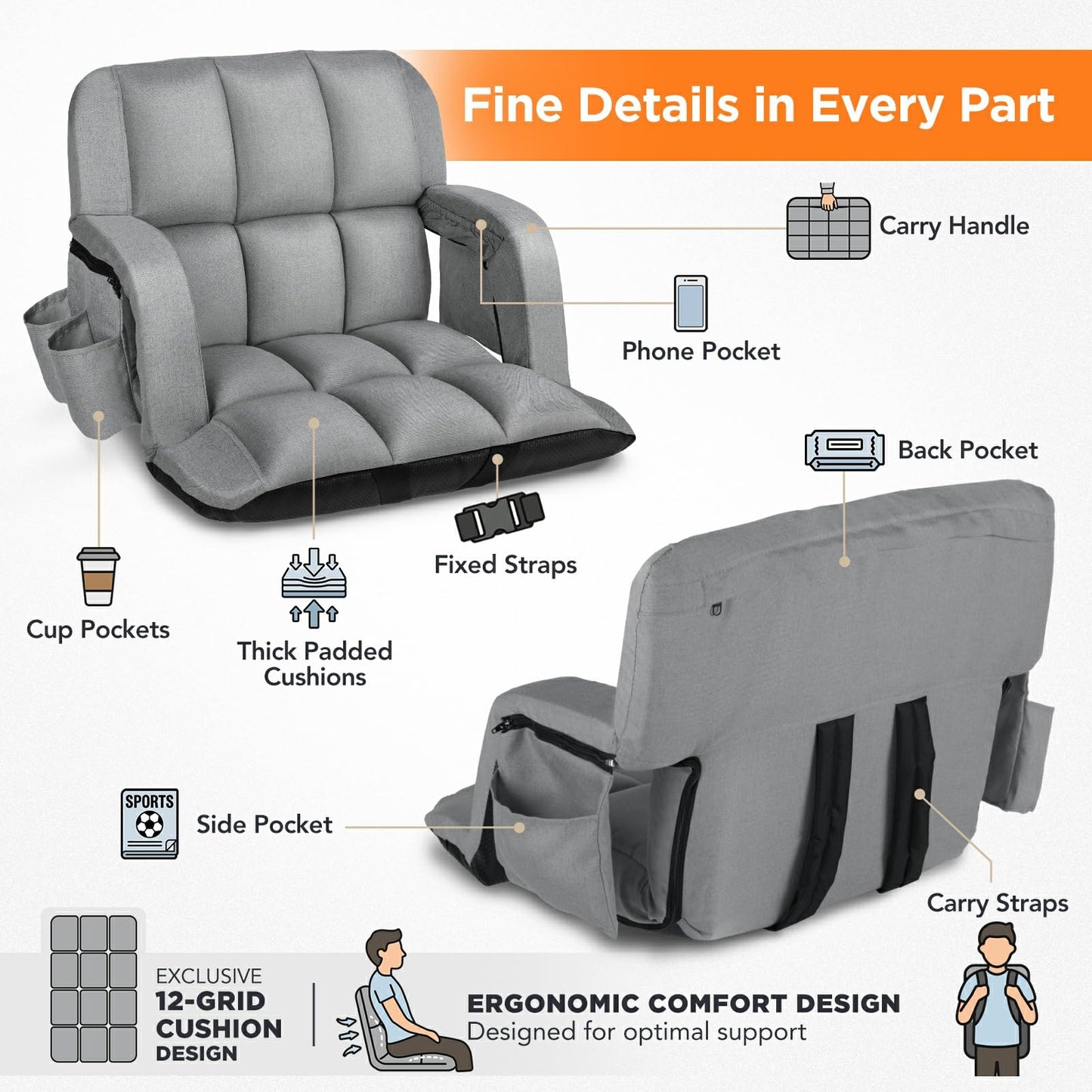 Stadium Seats with Back Support 2 Pack, 12-Grid Ergonomic 4.7" Thick Bleacher Chairs for All-Day Comfort, 6 Reclining Positions, Portable Extra Wide Adjustable Stadium Chair for Football & Baseball